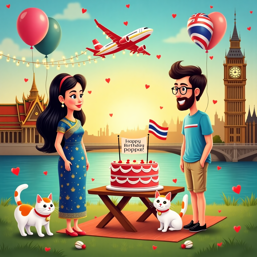 Thai lady long black hair, Hansom English guy with short brown beard in shorts and blue shirt with glasses, White cat with ginger and black sploges and red collar with bell, Long distance relationship from thailand to london, and Happy birthday Birthday Card