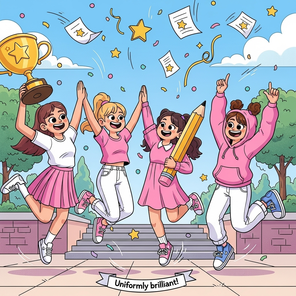 Image prompt:
- Playful, funny cartoon scene in a bright, saturated palette with thick black outlines and exaggerated proportions. Full-bleed vertical composition. Whimsical, energetic poses, bouncy lighting, soft toon shading, confetti and streamers swirling.
- Outside a school courtyard, four happy schoolgirls leap into the air mid-celebration, high-fiving and striking star-jump poses. Big expressive eyes, giant grins, dynamic motion lines, and floating stars.
- Cool, comfortable uniforms in pink and white with trainers:
  - Girl 1: knee-length pink pleated skirt, white t-shirt, white trainers.
  - Girl 2: white jeans, pink t-shirt, pink trainers.
  - Girl 3: comfy pink dress with white accents, white trainers.
  - Girl 4: white trousers, pink hoodie over a white tee, white trainers.
- Add playful props: an oversized gold star trophy, a giant cartoon pencil tucked under an arm, papers with star stickers spinning in the air (no written text on them).
- Background: simple stylized school steps and trees, bright sky with bubbly clouds; keep background minimal so characters dominate.
- Style notes: thick outlines, bold shapes, candy-bright colors, clean vector-like finish, subtle halftone dots for shading. Wholesome, age-appropriate, non-sexualized uniforms and poses.
- Include only one line of text as a small, cheeky caption on a wavy ribbon near the bottom.

Text on image (one short line):
“Uniformly brilliant!”
Generated with these themes: School uniform - The girls wear skirts or trousers or jeans and t-shirt. The girls can wear dresses. The colors are pink or white for girls. The shoes are trainers. The uniforms are cool and comfortable, and .
Made with ❤️ by AI.