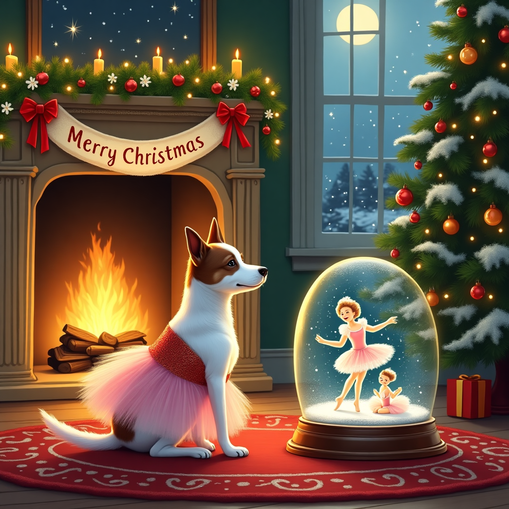 In this delightful Christmas greeting card scene, imagine a cozy, warmly lit living room, where a cheerful Jack Russell terrier sits front and center on a plush, red-and-green patterned rug. The Jack Russell is whimsically dressed in a soft pink tutu, with its head cocked curiously to one side, capturing its playful spirit. To the side, a grand fireplace crackles, sending soft shadows dancing across the room. Above the mantel, a festive banner is strung, intricately hand-painted with "Merry Christmas Mum and George" in sparkling gold letters, intertwined with delicate holly and twinkling fairy lights.

Nearby, a beautifully ornate snow globe sits on a sturdy oak coffee table. Inside the globe, an enchanting miniature scene unfolds: tiny ballet dancers gracefully performing Swan Lake on a delicate, icy stage. The dancers, adorned in shimmering white costumes with elegant feathered tutus, pirouette amidst a swirling snowfall, which falls gently when the globe is shaken. As a nod to whimsy, a tiny version of the tutu-wearing Jack Russell watches the performance, sitting comfortably at the edge of the snow globe stage, completely mesmerized.

The entire scene is bathed in the soft, golden glow of the firelight, reflecting off a nearby Christmas tree adorned with glistening ornaments and a sparkling star atop. Through the window, gentle snowflakes drift down against a moonlit sky, creating a perfect winter wonderland backdrop for this heartwarming Christmas tale. This card captures a unique blend of festive cheer, humor, and elegance, perfectly celebrating the bond of Mum, George, and their spirited Jack Russell.
Generated with these themes: Jack Russel dog wearing a tutu, Ballet dancers performing swan lake, Banner with Merry Christmas Mum and George, and Jack Russel sat by fireside watching swan lake in snow globe.
Made with ❤️ by AI.