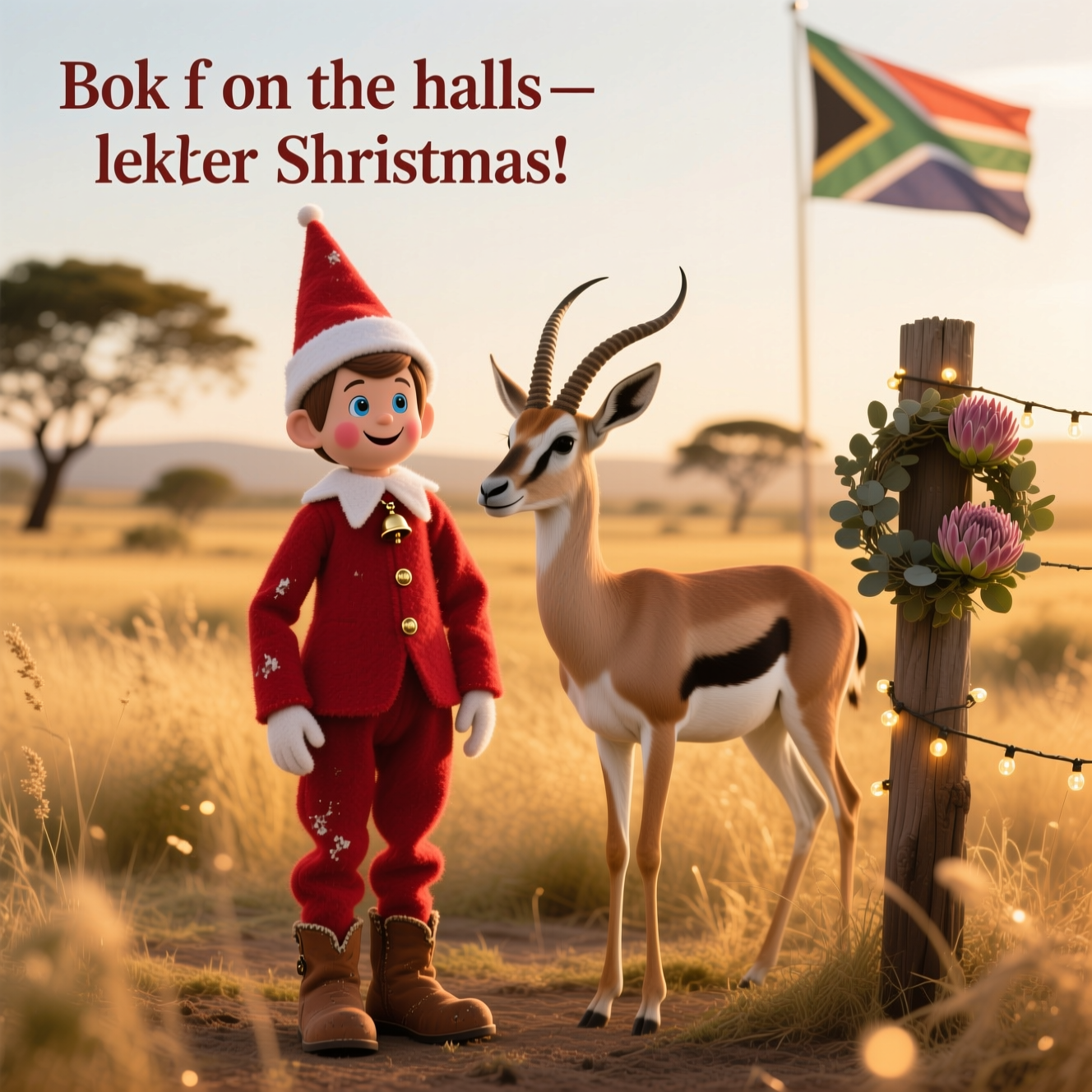 Ultra‑realistic 4K UHD photograph, portrait orientation (4:5), full‑frame DSLR look, 50mm lens, f/4, ISO 200, 1/500s. Golden-hour sunlight in a South African veld: warm, honeyed backlight with soft rim light; gentle fill from the front for natural skin tones; rich but true-to-life colors, crisp micro-contrast, shallow depth of field with creamy bokeh.

Scene: A vintage-looking “Elf on the Shelf” man (life-sized adult male, 1950s vibe, rosy cheeks, playful smile) in a classic red felt suit with white collar and pointed hat, slightly worn for authentic vintage texture. Fine felt fibers visible, tiny jingle bell at the collar, scuffed brown boots. He stands next to a graceful South African springbok (sleek tan-and-white coat, distinctive dark flank stripe, elegant curved horns), calm and curious, head slightly tilted toward the elf. The elf’s hands relaxed at his sides, friendly posture—close but not touching.

Setting details: Open veld with tall sunlit grasses and a few small acacia silhouettes; warm dust motes in the air; summer atmosphere (no snow). A rustic wooden fence post nearby wrapped with a short strand of warm micro fairy-lights and a simple protea-and-eucalyptus wreath for a subtle festive touch—tasteful, not overdone. In the background, the South African flag on a flagpole near a distant lodge, gently waving—clearly visible and recognizable but unobtrusive, placed upper right, softly blurred yet legible. Hazy hills on the horizon for depth.

Composition: Rule of thirds with the elf and springbok center-left; flag in the upper-right background. Plenty of negative space in the lower-left foreground for a small caption. Accurate lighting, lifelike textures (skin pores, felt nap, springbok fur, grass blades), rich depth of field.

Mood: Cute, warm, heartwarming, candid and true-to-life.

On-image text (small and tasteful): “Bok the halls—lekker Christmas!” in a clean hand-lettered brush script, pure white with a soft warm drop shadow for legibility, placed lower-left over gentle bokeh; one short line only.

Post: Natural color grading with subtle filmic contrast; no over-saturation; no halos; no HDR look; no vignette; no logos or watermarks; no cartoon/CGI feel.
Generated with these themes: A vintage looking elf on the shelf man standing next to a south african springbok in South africa, with the south african flag visible in the background., and .
Made with ❤️ by AI.