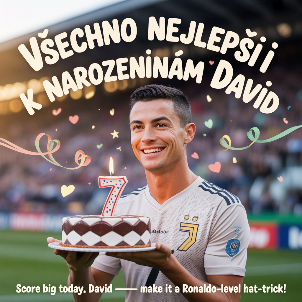 At the top of the Photorealistic picture taken from a camera image, "Všechno nejlepši k narozeninám David" in large, playful white hand-lettered script with a soft drop shadow, gently arched and centered.

At the bottom of the image, "Score big today, David — make it a Ronaldo-level hat-trick!"

Ultra-high-definition 4K UHD photograph with accurate lighting, lifelike textures, and rich depth of field. Photorealistic scene of Cristiano Ronaldo in a neutral white No. 7 jersey (no visible brand or team logos), smiling warmly and leaning slightly toward the camera as he presents a football-shaped birthday cake topped with a sparkling number 7 candle. Soft golden-hour stadium lighting, shallow depth of field with creamy bokeh; pastel heart-and-star confetti drifting through the air. Background: blurred stadium seats with hints of green and red streamers for a cute, festive vibe. Natural skin texture, crisp hair detail, realistic shadows and reflections. Shot as if on a full-frame camera with a 50mm prime at f/1.8, ISO 200; subtle lens flare, warm tones, and clean negative space preserved at the top and bottom for the text.
Generated with these themes: Cristiano Ronaldo, and .
Made with ❤️ by AI.