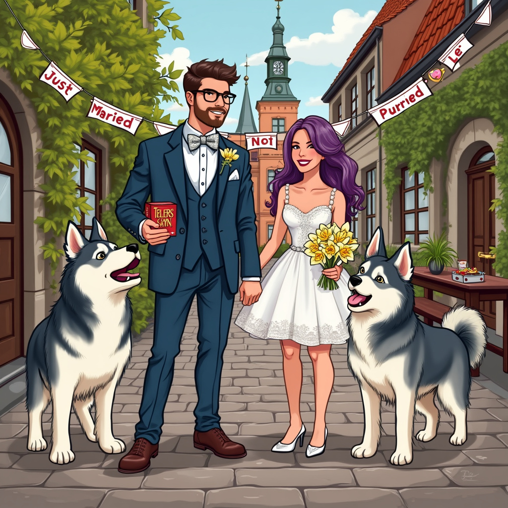 Imagine a charming, cobblestone courtyard in the heart of Copenhagen, right outside a quaint, historic registry office with ivy-clad walls and a rustic wooden door. The scene is bustling with delightful details: 

In the foreground, the purple-haired bride, her locks shimmering in the gentle Scandinavian sun, is donning a short, elegant white dress adorned with delicate lace patterns and a pearl-embroidered neckline. She holds a bouquet of vibrant daffodils that contrast beautifully with her dress. Beside her stands the dark-haired groom, clean-shaven and sporting trendy glasses. He’s dressed in a sharp navy-blue suit with a white shirt and a silver bow tie, holding a small box of their favorite board game, "Settlers of Catan," as a playful nod to their shared passion.

Behind them, two majestic Malamute dogs, with their fluffy tails wagging excitedly, are playfully tugging on strings of bunting that read "Just Married!" The dogs' expressive faces and lively antics add a joyful, humorous touch to the scene. 

In the background, glimpses of Copenhagen’s iconic architecture frame the scene. The distinct spires and colorful facades of the old buildings peek out above the courtyard walls. 

There’s a small wooden table nearby, laden with whimsical wedding-themed board game pieces – tiny bride and groom figurines, heart-shaped dice, and miniature daffodil tokens, as if someone had just finished a game.

All these elements come together to create a vibrant, detailed scene, capturing a unique, playful wedding moment. The scene is illustrated with the character expressiveness of Schulz, the imaginative playfulness of Watterson, and the intricate, joyful detailing of Hergé.
Generated with these themes: Purple haired bride with short white dress, Dark haired groom with glasses clean shaven , Copenhagen , Daffodils , Board games , Two Malamute dogs with fluffy tails , and Registry office wedding .
Made with ❤️ by AI.