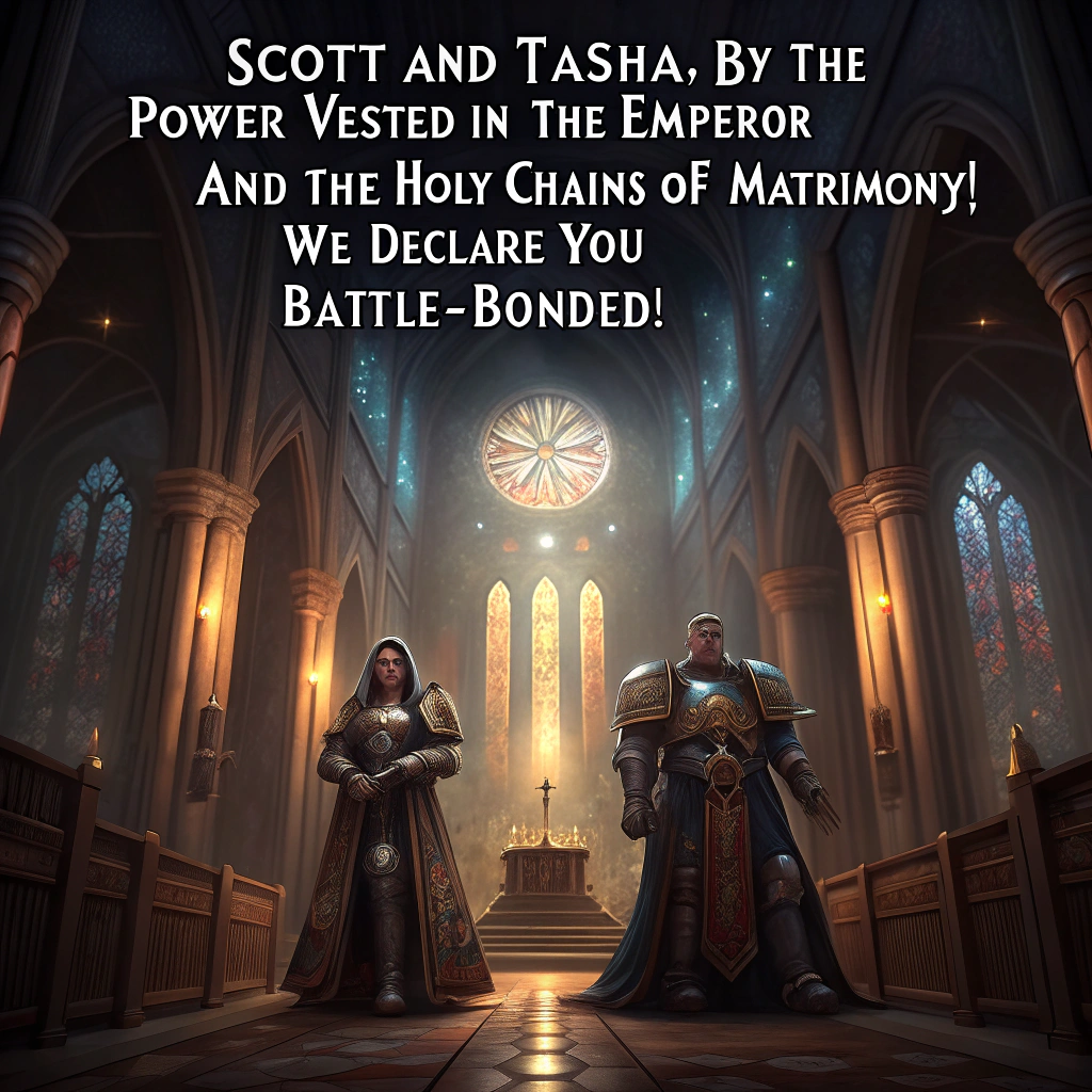 At the top of the image, "Scott and Tasha, by the power vested in the Emperor (and the holy chains of matrimony), we declare you Battle-Bonded!"

- Depict a solemn Warhammer 40K-inspired cathedral scene, lit by the haunting glow of stained glass windows depicting the Emperor's sigil.
- In the foreground, Scott and Tasha stand side by side in ceremonial Space Marine and Inquisitor armor, holding hands beneath an aquila-shaped arch.
- Tasha’s veil flows like a purity seal, and Scott holds a massive, rune-inscribed vow-scroll instead of a sword.
- Rosary chains and servo-skulls float in quiet witness above.
- Candles flicker solemnly at the base, casting long shadows across a gothic stone floor inscribed with "For Love. For Honour. For the Imperium."
- In the background, grim-faced guardsmen stand at attention, offering a guard of honor made of lances and bouquets.
Generated with these themes: Warhammer.
Made with ❤️ by AI.