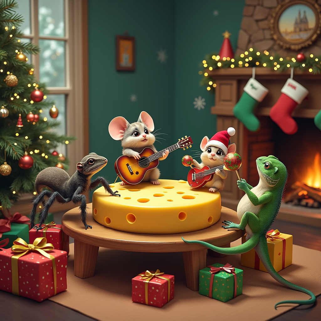 Picture a festive, whimsical living room that bursts with holiday cheer. A large, brightly decorated Christmas tree with twinkling lights and shiny ornaments stands tall in one corner. Tinsel drapes elegantly over the tree branches, and a golden star sits proudly on top. Below the tree, an array of presents wrapped in colorful paper with vibrant bows adds to the festive spirit.

In the center of the room, a round wooden table is laden with a giant wheel of Swiss cheese, the holes in the cheese exaggeratedly large and inviting. Around this table, a quirky ensemble of animals is gathered, creating a comical holiday jam session. 

A cheerful chinchilla, with fluffy fur and bright eyes, sits atop a wrapped gift box, strumming a miniature guitar with surprising skill. Next to the chinchilla, a tarantula is delicately plucking the strings of a tiny bass guitar, its many legs a blur of motion. The tarantula has a Santa hat jauntily perched on its fuzzy head, adding a touch of holiday spirit.

On the other side of the table, a gecko is tapping its foot and holding a pair of maracas made from festive red and green peppers. The gecko, with its vibrant green scales and expressive eyes, seems to be the band's rhythm section. The backdrop features a cozy fireplace with stockings hanging from the mantelpiece, each stocking adorned with a symbol representing each animal: a cheese wedge for the chinchilla, a tiny spider for the tarantula, and a gecko footprint for the gecko.

Adding to the humorous scene, there are cheese wheels scattered around the room, some with tiny bite marks indicating they've been nibbled on by the chinchilla. A small mistletoe hangs from the ceiling, and a curious tarantula is eyeing it with a mixture of curiosity and confusion.

In the background, a few festive snowflakes are visible through a window, hinting at the snowy wonderland outside. The room is bathed in a warm, golden glow from the fireplace and the Christmas tree lights, bringing the entire quirky and cheerful scene to life.

This delightful and funny Christmas card scene captures the essence of holiday spirit with a unique twist, blending chinchillas, tarantulas, geckos, cheese, and guitar playing into a memorable and charming story.
Generated with these themes: Chinchillas, Tarantulas, Geckos, Cheese, and Guitar playing.
Made with ❤️ by AI.
