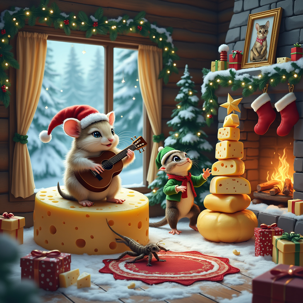 In the heart of a snow-dusted, whimsical woodland, a festive gathering unfolds with an enchanting twist. Picture a cozy, rustic log cabin adorned with twinkling Christmas lights, nestled among towering pine trees blanketed in snow. Through the large frosted window, you can see the warm glow of a fireplace, illuminating a heartwarming yet hilarious holiday scene.

Inside, a cheerful chinchilla dressed in a tiny Santa hat is strumming a miniature guitar with its tiny paws. The chinchilla is perched on a large wheel of Swiss cheese, which serves as an impromptu stage. Nearby, a dapper tarantula in a green elf outfit is holding sheet music and tapping its furry leg to the rhythm, seemingly conducting the chinchilla’s performance. The tarantula’s many eyes are focused intently on the chinchilla, adding a touch of comical seriousness to its role.

On the floor, an eager gecko, wearing a red and white striped scarf, is attempting to climb a tower of different cheeses stacked like a Christmas tree. The cheeses range from cheddar to blue cheese, all artistically arranged with a star-shaped Brie on top. The gecko’s little tongue is sticking out in concentration as it tries to reach the top, adding an element of playful determination to the scene.

Scattered around the room are wrapped presents, each with cheesy patterns, and a festive rug that depicts a holly and cheese motif. Above the fireplace hangs a garland made of cheese slices interspersed with tiny ornaments, adding to the whimsical holiday decor. Stockings shaped like cheese wedges are hung with care, each labeled with the names of the quirky inhabitants.

On the mantelpiece, there are framed pictures of the trio from previous Christmases, showing their annual cheese-themed festivities. The whole scene is a delightful and humorous Christmas tableau, bursting with quirky charm and holiday spirit.

This detailed depiction of a Christmas celebration brings together chinchillas, tarantulas, geckos, cheese, and guitar playing in a uniquely festive and funny way, ready to bring smiles to anyone who receives the greeting card.
Generated with these themes: Chinchillas, Tarantulas, Geckos, Cheese, and Guitar playing.
Made with ❤️ by AI.