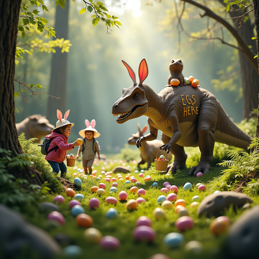At the top of the realistic photograph image: "Happy Easter, Dooleys, Lacas & Levys — hope your egg hunt doesn’t go dino-sore!"

**Prompt for image (realistic photograph style):**  
A vibrant springtime forest clearing filled with scattered colorful Easter eggs among ferns and mossy rocks. A small group of children wearing explorer hats cautiously tiptoe through the foliage with Easter baskets, trying to avoid being noticed by a comically large but photorealistic velociraptor wearing bunny ears and holding an egg in its tiny claws. In the background, a T-Rex with pastel painted claws leans curiously into a bush labeled “EGGS HERE,” with eggs popping out of its open backpack. One child is peeking nervously from behind a tree, clutching a carrot like a weapon. A confused triceratops snoozes beside a giant chocolate bunny half-melted in the sun. Bright, warm daylight filters through the trees, casting a soft glow on this absurd prehistoric egg-stravaganza.
Generated with these themes: Hunting easter eggs with dinosaurs, and .
Made with ❤️ by AI.