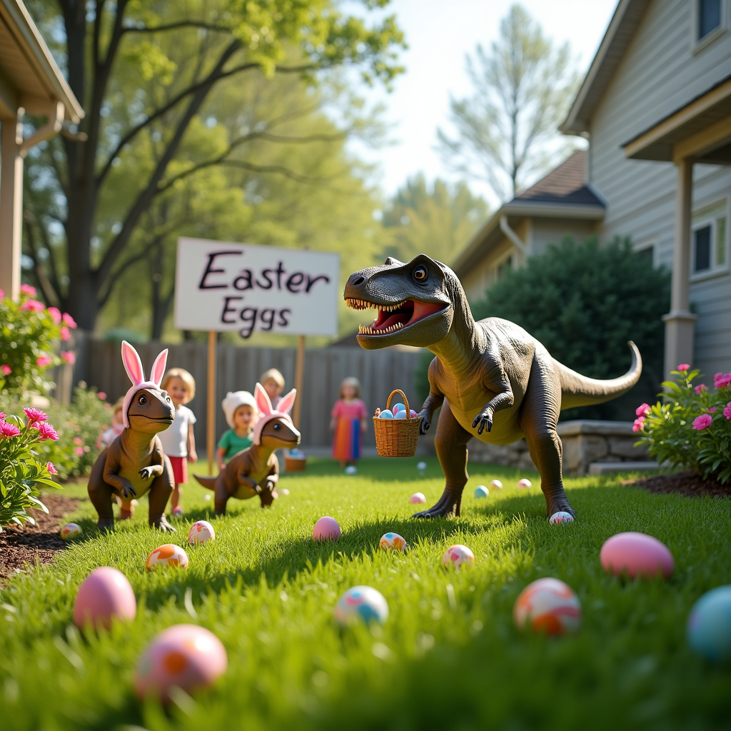 Hunting easter eggs with dinosaurs, and Easter Card
