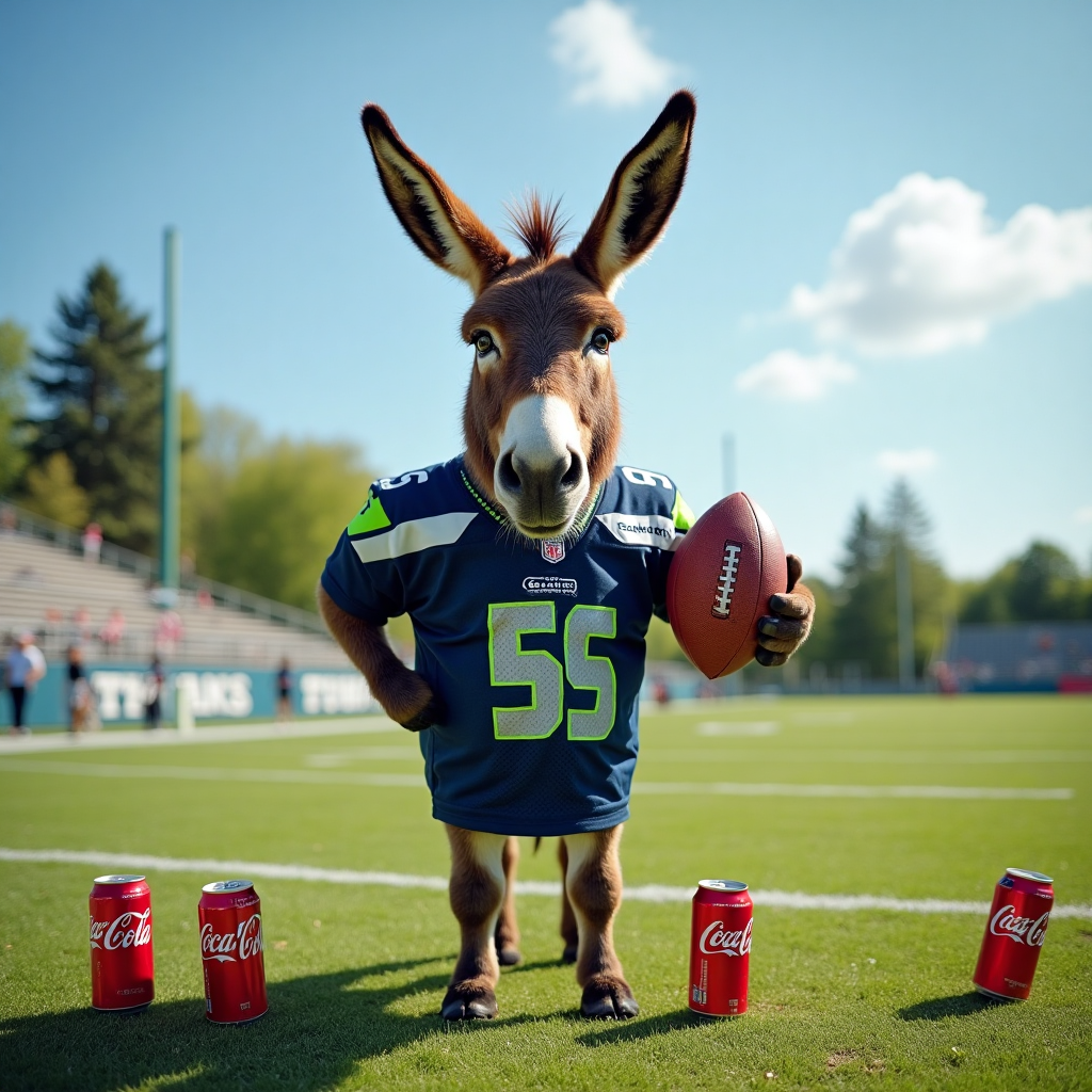 **Image Prompt:**

Capture an amusing scene set on a sunlit football field. In the foreground, a donkey wearing a Seattle Seahawks jersey is standing triumphantly on the 50-yard line, its ears perked up in excitement. The donkey is holding a football in its mouth with a cheeky grin, clearly ready to take on the NFL! 

On the sidelines, several empty Coca-Cola cans are scattered, indicating a celebratory mood, as if the donkey has just scored a touchdown. The vibrant green of the grass and the bright blue of the clear sky create a perfect backdrop.

**Text Caption:**

"Kickin' up a storm on your birthday! Cheers to you!"
Generated with these themes: Nfl, Seahawkes, Donkey , Cocacola, and .
Made with ❤️ by AI.