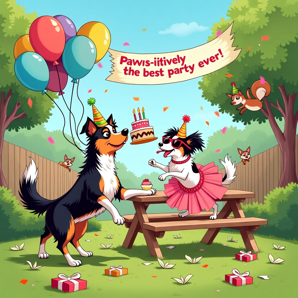 **At the top of the illustration image:**  
"Happy Barkday, Donna – time to paws and celebrate!"

**Image Prompt:**  
A quirky and colorful illustration of a Border Collie and a Papillon throwing a chaotic but joyful backyard birthday party. The Border Collie wears a party hat, balancing a birthday cake on its nose while frantically herding balloons that keep floating away. The Papillon, dressed in oversized sunglasses and a tutu, is mid-leap off a picnic table, trying to catch a flying cupcake with its tongue. In the background, a banner reads "Paws-itively the best party ever!" while confused squirrels in party hats peek out from the bushes. The scene is bursting with playful energy and canine comedy, set on a sunny lawn strewn with wrapping paper and chewed-up gift boxes.
Generated with these themes: Papillon and border collie.
Made with ❤️ by AI.
