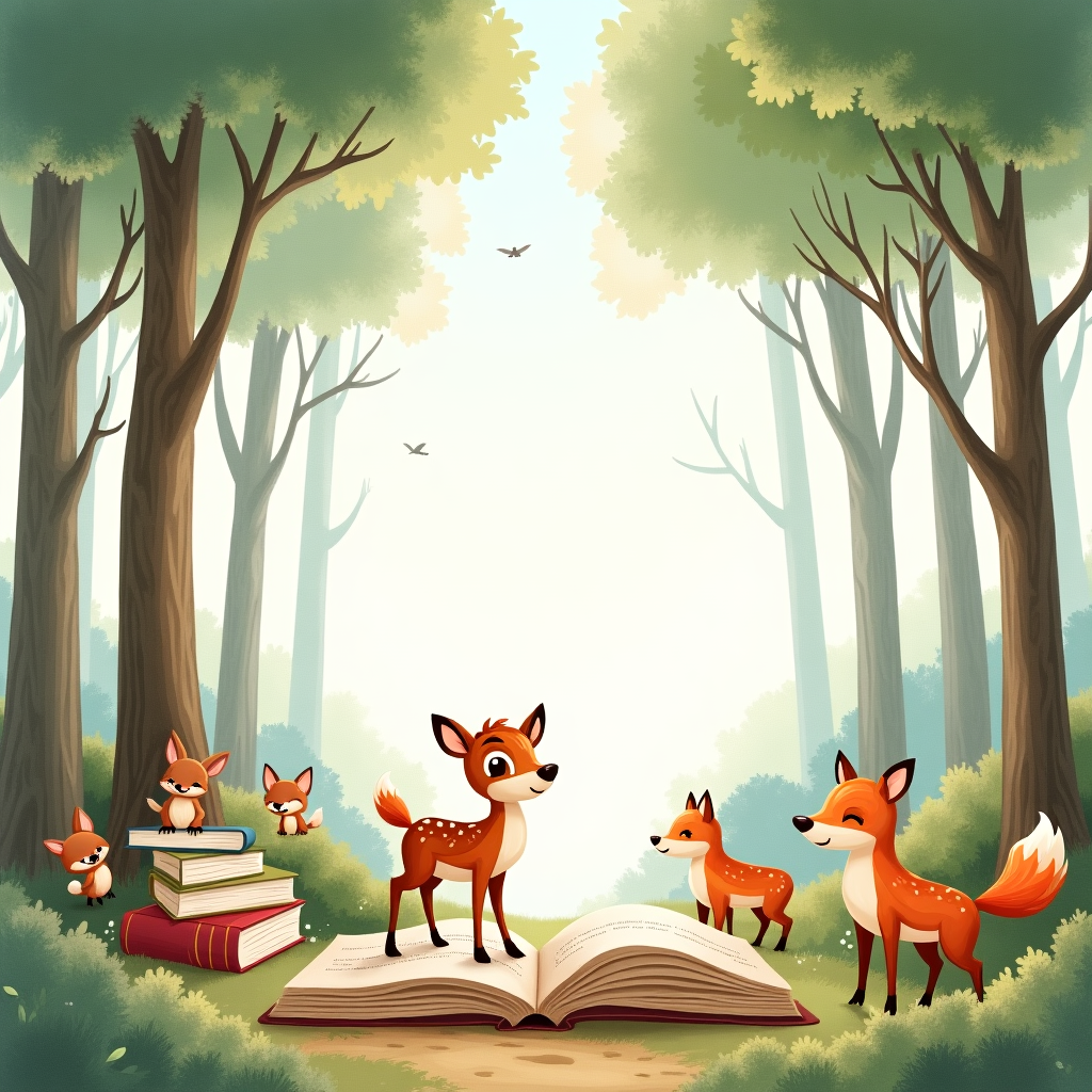 At the top of the Watercolor Style image, include the text "Leif's Library."

**Scene Description:**

Envision a serene woodland setting where towering trees, their leaves painted in soft hues of green, gently sway in a delicate watercolor wash. Nestled amongst the trees, you'll find an enchanting scene that brings together nature and the world of imagination.

In this tranquil grove, a whimsical collection of open books rests at the base of the trees, their pages appearing as if they've fluttered open with the breeze. Each book is lovingly adorned with illustrations of woodland creatures, like squirrels, rabbits, and birds, who seem to have leapt from the pages into this magical woodland.

A curious baby deer, with eyes wide with wonder, tentatively steps into the scene, its soft fur blending into the warm earth tones of the forest floor. Nearby, a playful fox peeks from behind a tree, its tail a vivid splash of orange against the soft watercolor backdrop.

The air is filled with a gentle sense of awe and discovery, as if the woods themselves are whispering secrets of adventures yet to be read. Above, the sky is a gentle gradient of pastel blues and pinks, casting a dreamlike glow over the entire scene.

This charming depiction captures the essence of new beginnings and the boundless possibilities that come with each new chapter, making it a perfect image for welcoming a new baby into the world.
Generated with these themes: Woodland trees with lots of books , and .
Made with ❤️ by AI.