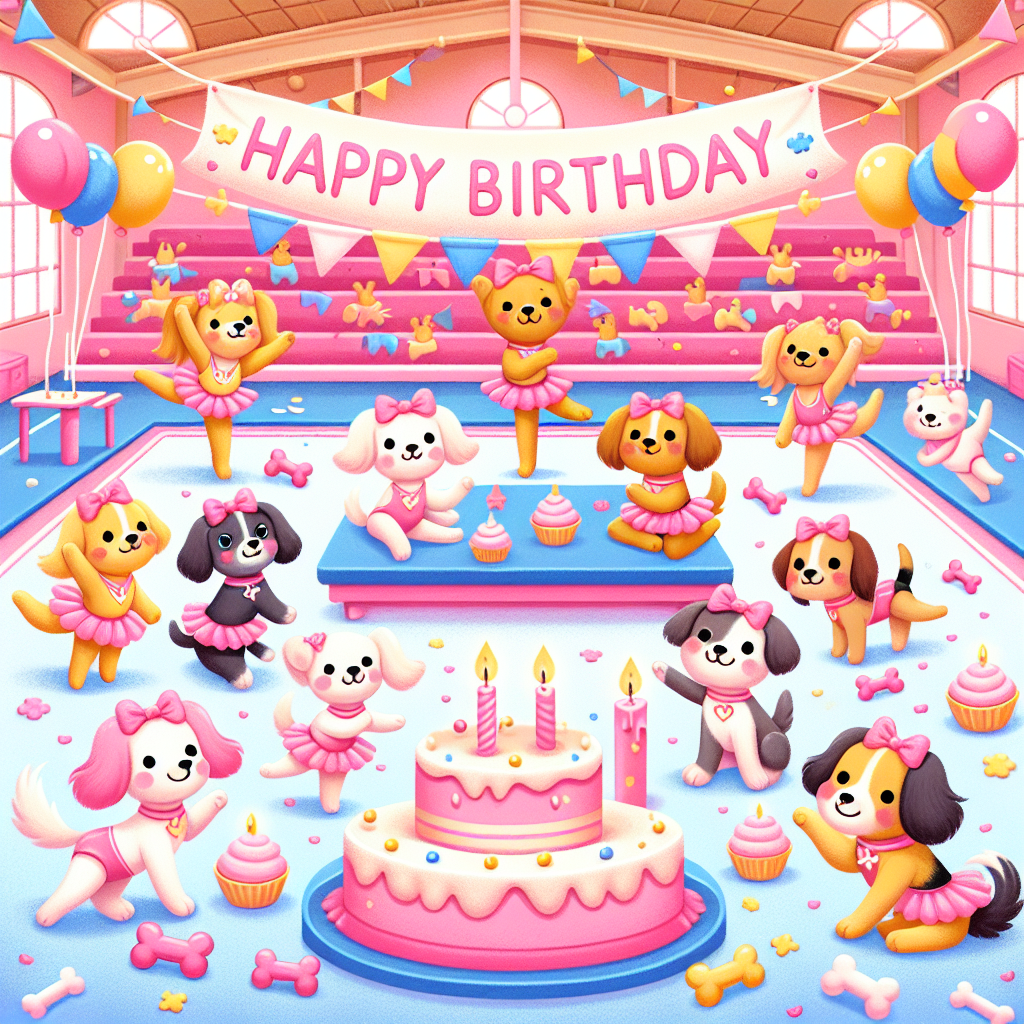 Create a delightful image of a birthday party taking place in a charming pink gymnasium. There are cheerful dogs of various breeds, dressed in little pink tutus, playfully frolicking around. The gymnasium is also full of gymnasts of diverse descents and genders, twirling with colorful ribbons, demonstrating their skill and agility. The scene is filled with delightful details such as pink-frosted cupcakes presented on a table, bone-shaped confetti fluttering about, and banners that proudly proclaim 'Happy Birthday' in a bubbly, joyous font. The entire atmosphere of the image should emanate warmth, joy, and a lively party vibe.
Generated with these themes: Gymnastics, Dogs, and Pink.
Made with ❤️ by AI.