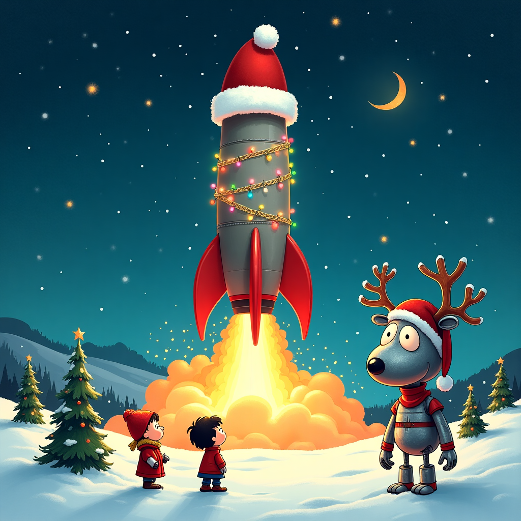 The scene unfolds in a whimsical winter wonderland, a fantastical blend of holiday charm and space-age wonder. At the heart of this magical setting, a colossal rocket dominates the landscape, its towering frame adorned with a twinkling cascade of multicolored Christmas lights. Perched jauntily atop the rocket's nose cone is an oversized Santa hat, its fluffy white trim and pom-pom catching the glint of the lights, giving the rocket a festive yet surreal appearance. Below, a billowing cloud of smoke and vibrant flames erupts from the rocket's base, as if Santa himself decided to upgrade his sleigh for interstellar travel.

The foreground is dotted with tiny, cartoonish characters reminiscent of Charles Schulz's Peanuts gang, bundled in cozy winter attire. These characters gaze up in awe, their wide, expressive eyes reflecting both the glow of the lights and the fiery spectacle above. Nearby, an Astro Boy-esque robotic reindeer stands, with metallic antlers adorned with tinsel and baubles, adding an extra layer of charm to this cosmic holiday scene.

In the background, a snow-draped landscape stretches into the distance, with small clusters of stylized pine trees—some decorated, some naturally frosted—providing a classic Christmas backdrop. The sky is an enchanting midnight blue, sprinkled with stars and a crescent moon, echoing the dreamlike quality found in Winsor McCay's Little Nemo in Slumberland.

This playful tableau, rich with detail and imagination, captures the joyful chaos of Christmas while launching it into the realm of the extraordinary, offering a greeting card cover that tells a story of a holiday season boldly going where no holiday has gone before.
Generated with these themes: A rocket wearing a Santa hat, the rocket is very big, there are some lights on the rocket, the rocket spewed out a lot of flames and smoke.
Made with ❤️ by AI.