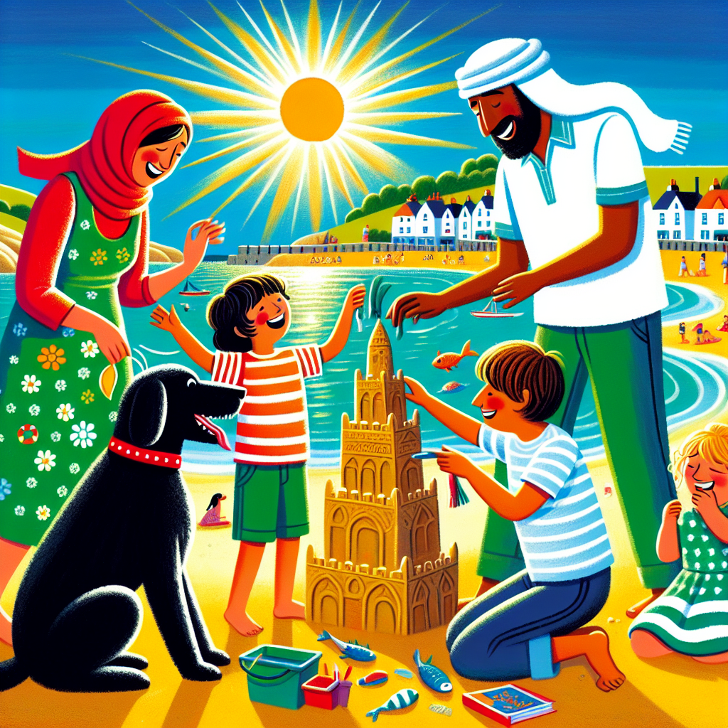 Illustration depicting a vivid beach scene under a radiant, joyous sun. A black dog with a red collar joyfully engages beside the sea, while two children of mixed Caucasian and Hispanic descent partake in playful exchange with their mother and father, namely an Asian woman and a Middle-Eastern man. Together they are creating a distinctive sandcastle that cleverly integrates a fish finger into its architecture. The setting includes a quaint, slightly distant small town, suggesting a heartening family outing steeped in laughter and affection, all enveloped by the soothing warmth of a day by the sea.
Generated with these themes: Fish finger, Black dog with red collar , Sea, 2 kids, Mum, Dad, Sun, Beach, and Small town.
Made with ❤️ by AI.