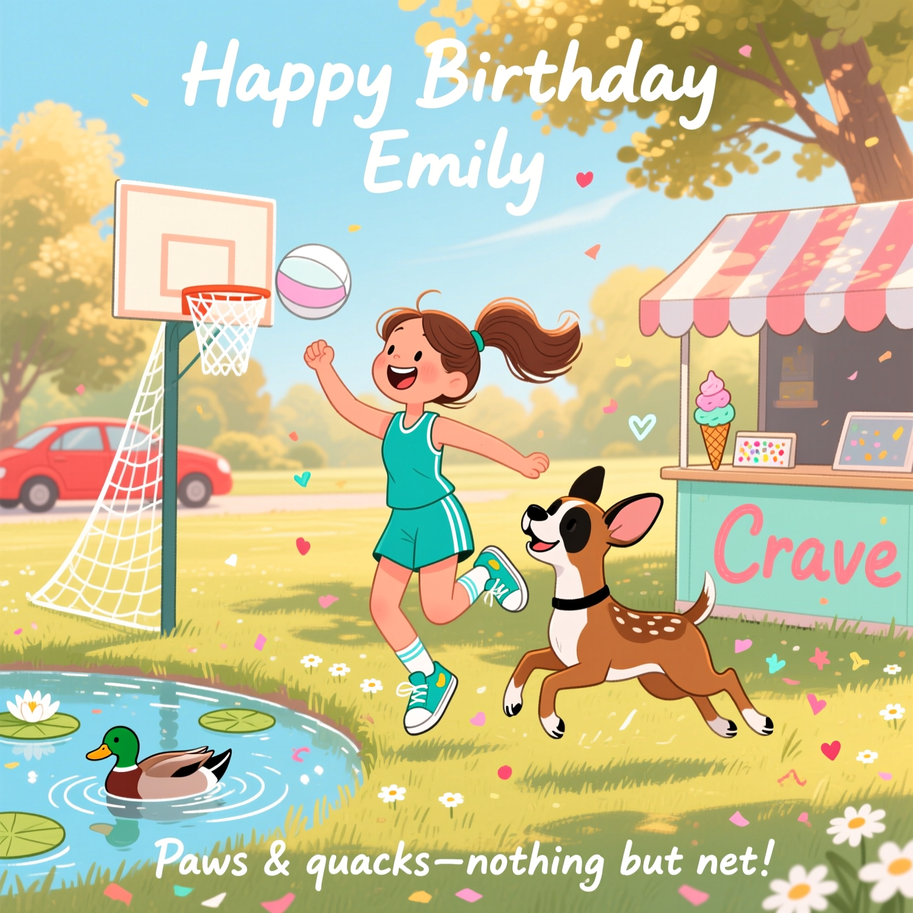 At the top of the Illustration Style image, Happy Birthday Emily

Hand-drawn, cute, and warm illustration in a sunny park, fine linework with textured brush strokes and subtle paper grain. Center focus: a joyful girl with a high ponytail in a teal netball kit and bright sneakers, mid-jump pass, smiling; beside her a playful fawn boxer dog with a white chest and black mask springs up toward a white-and-pastel netball. A simple netball post (no backboard) with a swishy white net stands nearby, the ball arcing toward it. Left foreground: a small sparkling pond where a mallard duck (emerald head, chestnut breast) glides through gentle ripples and a couple of lily pads. Right midground: a charming ice cream stand under a striped canopy with the name Crave painted in cheerful script; pastel cones and sprinkles illustrated on the counter. Behind it, softened by distance, a small red car parked under leafy trees. Golden-hour light and dappled shadows; daisy-dotted grass, confetti-like petals, and tiny heart and star doodles around the action for extra cuteness. Balanced composition: action centered, pond on the left, Crave stand and red car on the right, airy sky above. Warm, expressive palette of peach, coral, saffron, mint, teal, and soft sky blue.

Small, playful hand-lettered caption at the bottom: Paws & quacks—nothing but net!
Generated with these themes: Girl with pony tail playing netball with a boxer dog, a mallard duck swimming nearby, a red car in the background, an icream stand with the nam Crave on it, and .
Made with ❤️ by AI.