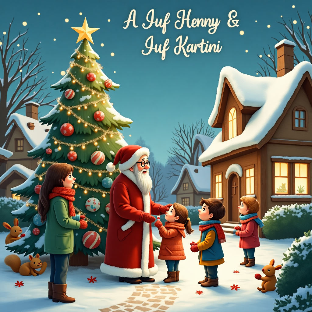 In the heart of a whimsical, snow-draped village, where cobblestone paths weave through charming little houses topped with gingerbread roofs, our scene unfolds. At the forefront, an elder woman with dark brown, cascading hair and a light brown complexion stands warmly in a festive red coat trimmed with white fur, embodying the spirit of Mrs. Claus. She is surrounded by a lively group of children, bundled up in multicolored scarves and mittens, eagerly decorating a giant Christmas tree that sparkles with golden ornaments and twinkling fairy lights. To her left, another woman, shorter with a mix of light brown and grey hair, sporting a pair of glasses perched on her nose, assists the children, handing out decorations with a gentle smile. She wears a cozy green knitted sweater, matching the joyful theme.

Behind them, a quaint schoolhouse sits, with a sloping roof that seems to hold the fresh snow like a delicate icing. Its windows glow with a warm yellow light, suggesting a refuge of learning and laughter within. Above, the sky is a soft twilight blue, and here, in delicate swirling clouds, the names "Juf Henny & Juf Kartini" are artfully inscribed in elegant, shimmering silver script, visible from afar as a celestial dedication.

Around this central scene, small woodland creatures peek from behind snow-covered bushes, watching the festive hustle and bustle. A squirrel clutches a tiny acorn, while a pair of curious rabbits leave tiny paw prints in the powdery snow. All these elements combine to tell a heartwarming story of community, care, and Christmas cheer, with a personal touch through the inclusion of the honored names in the heavenly expanse above.
Generated with these themes: Elder woman, dark brown long hair, light brown skintone, Children, School, and Woman very short light brown and grey hair, pair of glasses.
Made with ❤️ by AI.