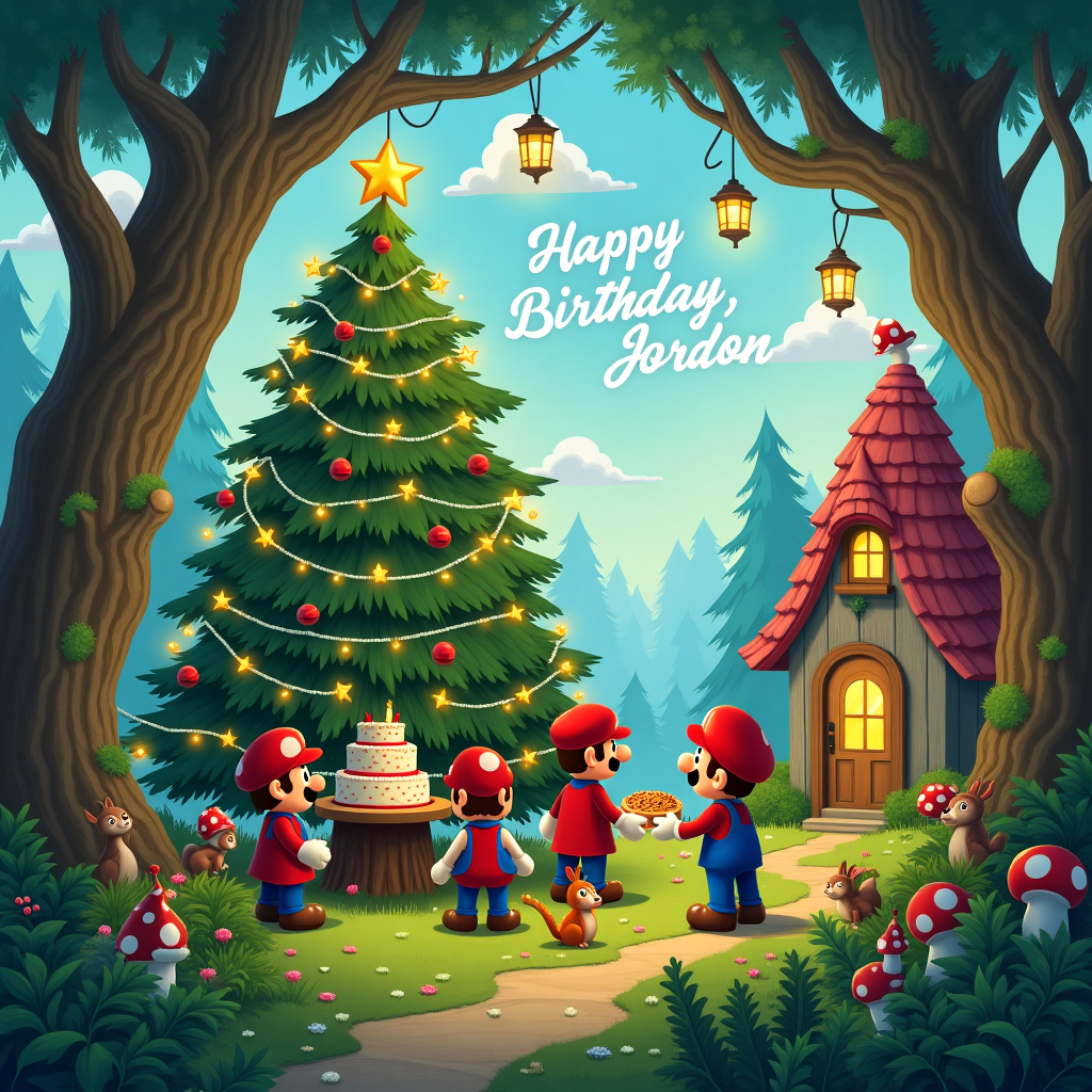 In a whimsical, magical forest, the scene is alive with vibrant detail, drawing from the enchanting styles of legendary illustrators. In the foreground, a charming group of Mario-like characters, dressed in festive attire, gather around a beautifully decorated Christmas tree that twinkles with luminescent ornaments and strings of popcorn garland. The tree, a centerpiece of celebration, is adorned with miniature mushrooms and star-shaped lights, drawing the eye upwards. Above, the sky peeks through the forest canopy, where fluffy clouds have artfully arranged themselves to spell out “Happy Birthday, Jordan” in a playful, wispy script.

Behind the characters, the forest is a lush tapestry of towering trees with twisted branches, dripping with recent rain, and now sparkling with fresh vitality. The ground is a carpet of emerald moss, dotted with colorful, delicate wildflowers, and tiny ferns unfurling to greet the sunlight. A soft mist clings to the air, creating an ethereal glow. Nestled among the branches, curious birds with iridescent feathers chirp melodiously, while a gentle cocoon hangs nearby, hinting at the promise of transformation.

To one side, an elaborately decorated, tiered birthday cake stands on a rustic wooden table. The cake is festooned with fondant mushrooms, edible stars, and a delightful Mario hat topper. On the opposite side, a small group of forest animals—squirrels, rabbits, and hedgehogs—join in the festivities, some wearing tiny party hats, others sipping from acorn cups.

In the background, a small, whimsical hut made from twisted vines and large leaves, reminiscent of Arthur Rackham's dreamy landscapes, stands with an inviting, warm glow emanating from its windows. Lanterns, hung from the branches above, cast a soft, welcoming light over the entire scene, emphasizing the celebration of both birthday and nature’s rebirth.
Generated with these themes: Super mario join forest birthday party, Christmas tree, Magical forest party, Forest comes alive with vitality after the rain, and Bird and cocoon.
Made with ❤️ by AI.