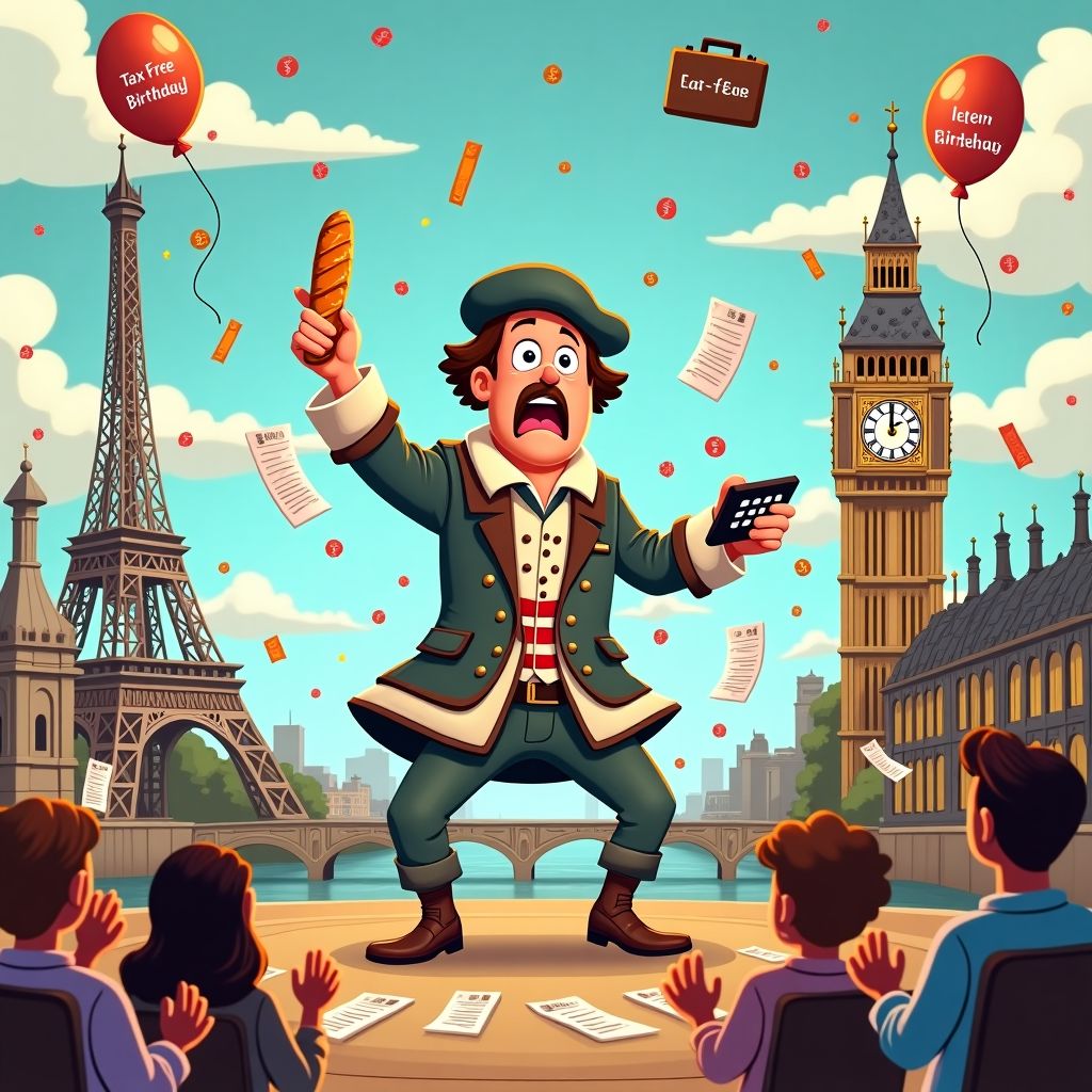 **Image Prompt:**

A cartoon-style illustration of an accountant celebrating their birthday while performing dramatically on stage at a quirky outdoor theatre set between the Eiffel Tower and Big Ben. They're wearing a beret and a Shakespearean costume made of spreadsheets, receipts, and travel tickets, striking an overly dramatic pose with a baguette in one hand and a calculator in the other. Around them, flying euro and pound signs swirl in the air like confetti. The audience is made up of various international landmarks with googly eyes (like the Louvre, Tower Bridge, and Arc de Triomphe), clapping wildly. Balloons shaped like briefcases float above with tags like “Tax-Free Birthday!” and “Ledger-ndary Performer!”
Generated with these themes: Accountant having a birthday likes acting, France, travelling, london, money.
Made with ❤️ by AI.