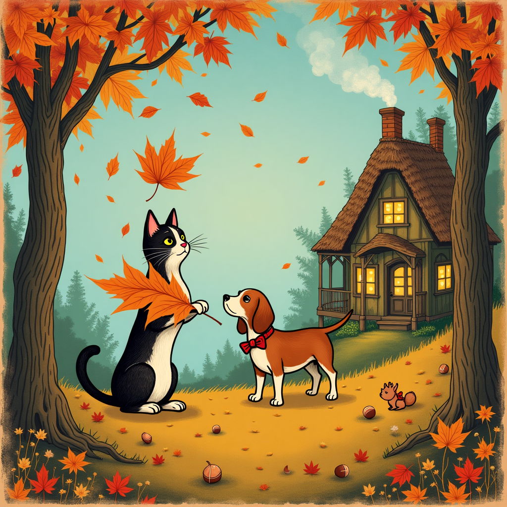 Front and center, a delightful scene unfolds: a chubby, mischievous tabby cat and a dapper, floppy-eared beagle are enjoying a whimsical autumn day together. The cat is perched atop a large, pumpkin-orange maple leaf, which is elegantly caught in mid-air, as if a gentle breeze has lifted it just for this moment. The beagle, wearing a vintage-style red bow tie, has its head tilted upwards, eyes wide with curiosity, as it playfully attempts to catch the descending leaf.

The background is a richly detailed forest scene, inspired by Arthur Rackham's intricate line work. Tall, gnarled trees with twisted branches are shedding leaves in hues of burnt sienna, goldenrod, and deep russet. Each leaf is meticulously illustrated, showcasing veins and textures that echo the fine detail of Aubrey Beardsley's designs. The forest floor is a tapestry of fallen leaves, acorns, and scattered chestnuts, inviting the viewer to explore the small, hidden details reminiscent of Maurice Sendak's world.

In the distance, a cozy, thatched cottage peeks through the foliage, with smoke curling gently from its chimney, suggesting a warm hearth within. This cottage, with its charming crookedness, is rendered in the soft, dreamlike palette of Maxfield Parrish, with warm golden lights glowing from its windows against the cool, muted colors of the approaching twilight sky.

Overhead, the sky is a rich, deepening azure, speckled with wispy cirrus clouds, painted in the delicate hand of Gustave Doré. As a nod to Beatrix Potter's endearing storytelling, a small, curious squirrel can be seen peeking out from behind a tree trunk, its bushy tail wrapped around a collection of acorns it seems to have gathered for the upcoming winter.

The border of the card features a frame of delicate vines and small woodland creatures, a playful homage to Quentin Blake's loose, lively line work. The title "You're Purrfect for Me!" is artfully lettered across the top in an elegant script, evoking the timeless charm of Edward Gorey's gothic elegance, but with a light-hearted twist suitable for this whimsical Valentine’s Day scene.
Generated with these themes: Cat and dog in autumn.
Made with ❤️ by AI.