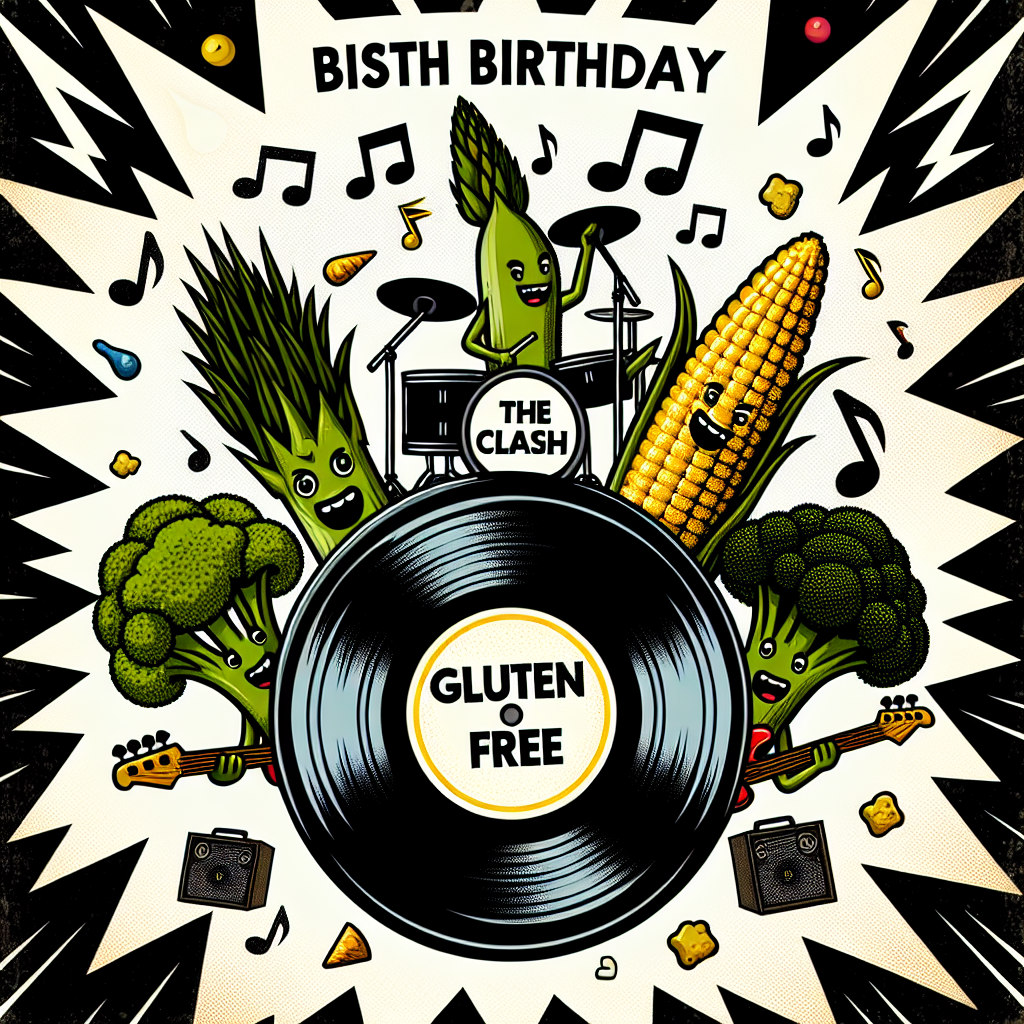 An amusing birthday invitation designed in an edgy vector art style. It features an eccentric punk band formed by various gluten-free food items like broccoli, quinoa, and corn. Musical notes appear to be flowing out from a vinyl record placed in the center. The band's name, 'The Mash' and 'The Clash', are presented in bold, rock-infused typography. The background bursts with an energy akin to rock 'n roll, complementing the overall musical theme. A subtle gluten-free symbol is added as an inclusive detail for party participants.
Generated with these themes: Music, Vinyl, Punk, The Jam, Rock music, The Clash, and Gluten free.
Made with ❤️ by AI.