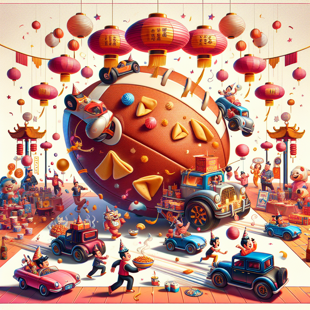 The image portrays a dynamic birthday party spread across an illustration. Imaginative arrays of cartoon-style cars wearing festive hats drive in a parade around a massive, soft football being the focus of the scene. The trunks of each car are loaded with containers of frothy drinks, bouncing to the rhythm of the high-spirited party. On the surface of the football, funny characters engage in a lively game, employing a fortune cookie as their playing ball. Above, a banner created from strings of Chinese lanterns flutters, and meanwhile on the ground, guests joyfully exchange bowls of hot Chinese delicacies, their expressions glowing with joy and the spirit of celebration.
Generated with these themes: Cars, Football , Beer, and Chinese food .
Made with ❤️ by AI.