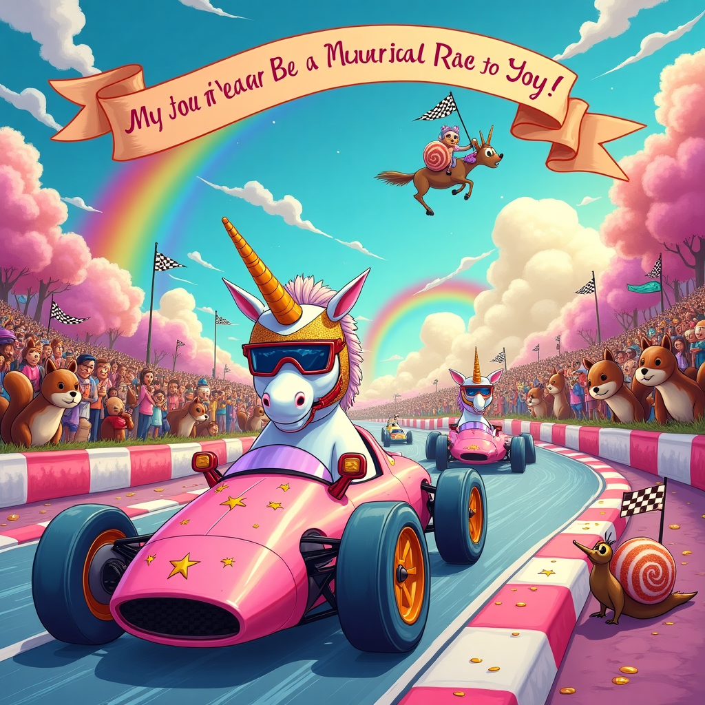On the front of the greeting card, imagine an exhilarating and whimsical racetrack set under a kaleidoscopic sky filled with swirls of cotton candy clouds and a glowing, rainbow sun. The scene is a vibrant intersection between an F1 Grand Prix and a fantastical unicorn derby. At the forefront, an exuberant unicorn sporting a glittery racing helmet and goggles is squeezing into a sleek, candy-colored racecar. The car’s body is an iridescent pink with golden star decals that shimmer in the light, and its wheels resemble enchanted rainbow doughnuts, seemingly frosted with sprinkles. 

In the background, the racetrack loops around towering lollipop trees and popcorn mountains, reminiscent of a cartoonishly surreal dreamscape. Other unicorn racers can be seen galloping alongside their own quirky racecars, each uniquely designed with fantastical elements, like a bubble-blowing exhaust or wings made of shimmering scales. Along the sidelines, a crowd of woodland creatures, including squirrels with oversized foam fingers and owls sporting checkered flags, cheer on the racers with glee. A banner overhead reads, "Happy Birthday! May Your Year Be a Magical Race to Joy!" 

In the distance, a comically large snail with a racing number on its shell and a tiny flag tucked into its antennae acts as a whimsical safety car, trailing far behind the vibrant chaos. The art style blends the expressive linework of Bill Watterson with the enchanting colors of Winsor McCay, creating a delightfully chaotic birthday scene that perfectly captures the theme of a fantastical F1 unicorn race.
Generated with these themes: F1 unicorn racecar.
Made with ❤️ by AI.