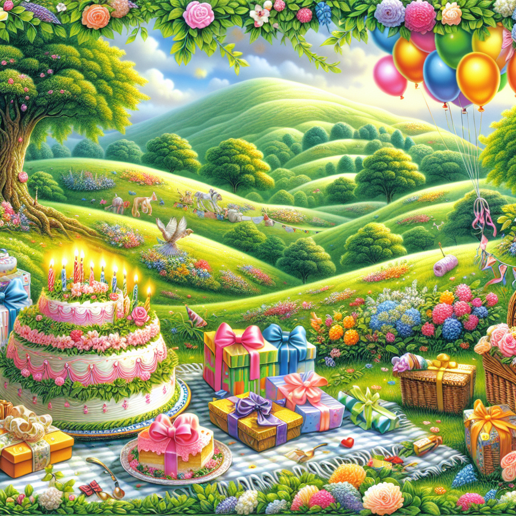 An enchanting birthday-themed illustration set in an idyllic landscape. Picture undulating hills abounding with a variety of blooming flowers and leafy trees, emanating tranquility and natural beauty. At the forefront of this scenery, envision a well-set picnic blanket embellished with a delicately hued birthday cake, a collection of carefully wrapped presents, and an array of multicolored balloons. The jovial aspects of the birthday celebration blend harmoniously with the calm of the lush surroundings. The scene harmonizes a lively festivity with serene nature.
Generated with these themes: Beautiful landscape .
Made with ❤️ by AI.