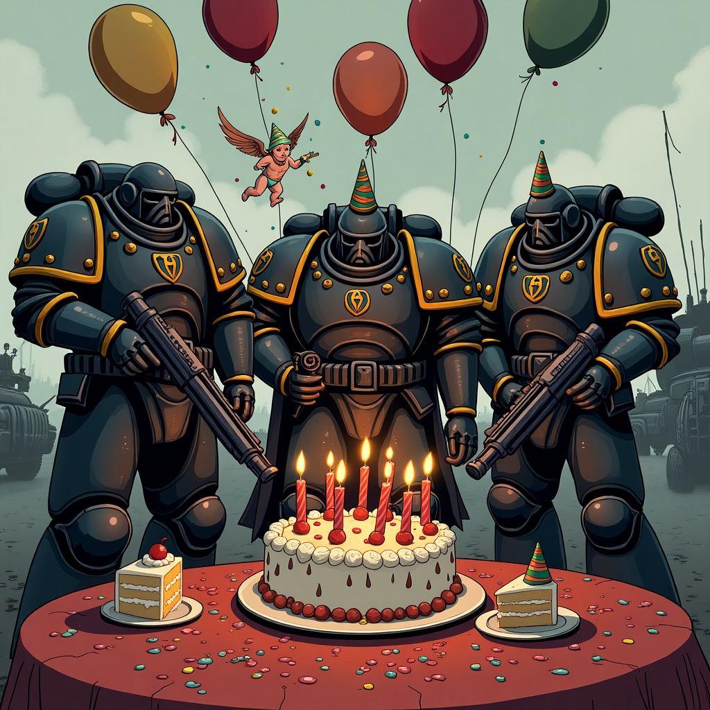 At the top of the illustration image: *Happy Birth-Day, Maik — May the Emperor forgive the cake heresy!*

Prompt for image:  
An illustrated, comedic scene featuring grimdark Warhammer 40k Dark Angels Space Marines standing solemnly in full power armor — except instead of bolters, they're awkwardly holding party balloons and slices of birthday cake. One particularly serious-looking Dark Angel is lighting candles on a Chaos-star-shaped birthday cake with a plasma torch. Confetti gently falls like ash on a war-torn battlefield in the background. In the corner, a tiny cherub servitor with party hat and noisemaker floats serenely, blowing streamers while a purity seal dangles from the string. The mood is comically epic — a ridiculous fusion of ominous grimdark intensity and festive birthday chaos.
Generated with these themes: dark angels from warhammer 40k.
Made with ❤️ by AI.