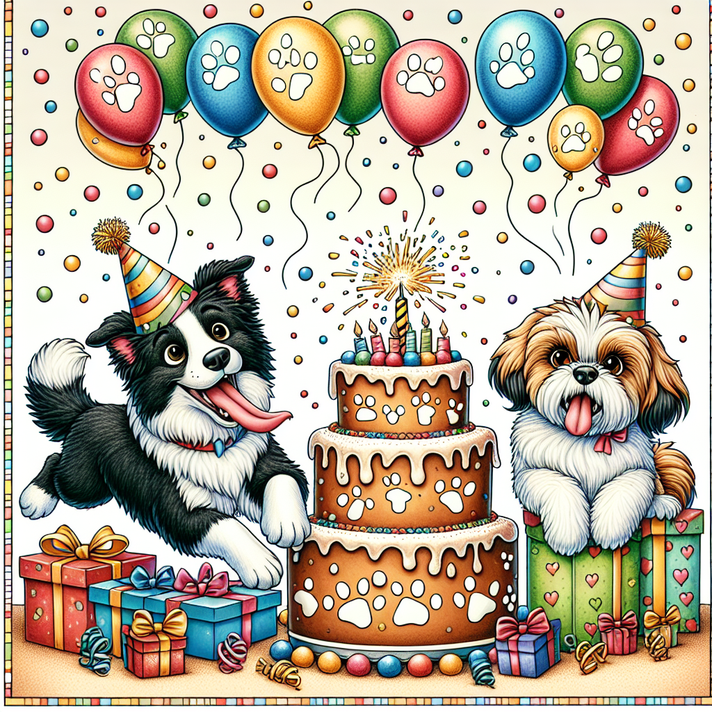 Create an image representing a whimsical cartoon drawing that illustrates a festive birthday setting with two cute dogs as the center of attraction. These dogs are a Border Collie and a Shih Tzu. The Border Collie wears a party hat and is seen energetically leaping over a pile of gifts wrapped in an array of colors. On the other hand, the Shih Tzu, also wearing a party hat, is seated next to a large cake, abundantly decorated with icing and crowned with a sparkling sparkler. Paw print adorned balloons are floating in the backdrop of the scene, and the entire joyful depiction is framed within a dynamic and colorful polka-dot border.
Generated with these themes: Border collie , and Shih Tzu .
Made with ❤️ by AI.