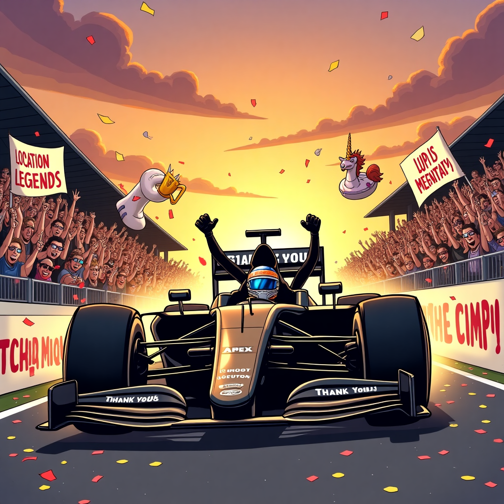 **Prompt:**

A cartoon-style, funny image of a sleek black and gold Formula 1 car (the APEX team) zooming triumphantly across the finish line at sunset, kicking up a confetti cloud behind it. The background is a grandstand packed with a wild cheering crowd, some wearing foam fingers and giant novelty sunglasses. They're holding up hilarious, mismatched banners that say “THANK YOU,” “LOCATION LEGENDS,” “LOCS HEROES,” and “LUPI IS MENTAL” in bold, enthusiastic letters. The sun sets in the background with dramatic orange and pink skies, casting a golden glow on the scene. The driver in the F1 car is cartoonishly fist-pumping out the cockpit, while a trophy in the shape of a golden wrench bounces on the car roof. Hidden among the crowd: a guy dressed as a giant tire and another riding a unicorn pool float for added comic flair. The overall mood is celebration, absurdity, and gratitude at full throttle.
Generated with these themes: the black and gold F1 car from the APEX team wins the F1 Grand Prix at sunset in front of a cheering crowd holding up banners that say THANK YOU and LOCATION LEGENDS and LOCS HEROES and LUPI IS MENTAL.
Made with ❤️ by AI.