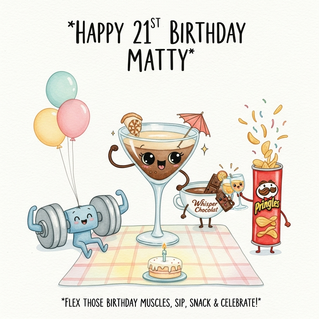 Body building , Expreso Martini , Whisper Chocolat , Pringles crisps, and Birthday Card