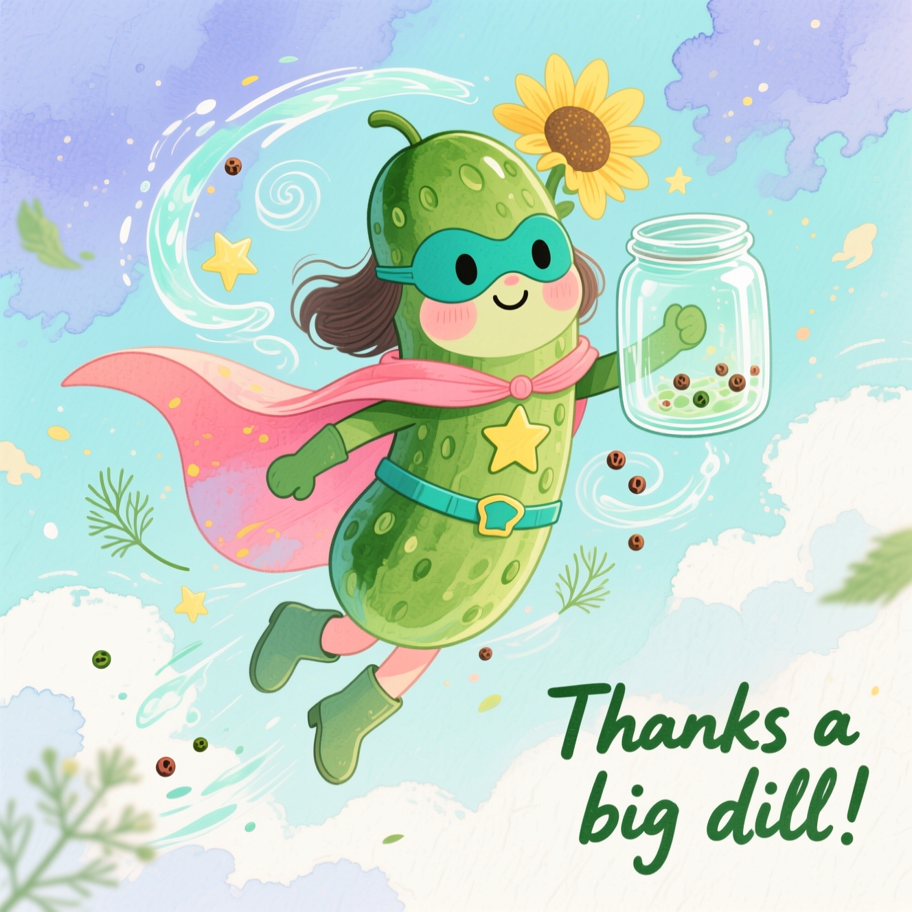 Female Pickle superhero, and Thank-you Card