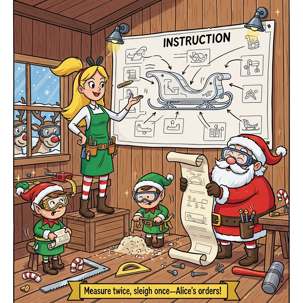Playful cartoon scene with exaggerated proportions, thick black outlines, and bright saturated holiday colors. Full-bleed vertical composition. In a cozy, candy-cane-striped North Pole woodshop, Alice (Santa’s handy, cheerful girlfriend) stands confidently on a low crate, ponytail bouncing, wearing a festive green carpenter’s apron and tool belt, pencil behind her ear, gesturing energetically at a giant sleigh “instruction” blueprint on the wall—shown as a big, clear exploded diagram with cute icon-like step markers (no readable words). Santa, round and rosy, in a tool belt and safety goggles, squints at a comically long scroll of instructions held upside down; an elf assistant is tangled in a measuring tape; sawdust twinkles like snow. Reindeer peek through a frosty window in safety goggles, nibbling the corner of the blueprint. Piles of wooden sleigh parts, candy-cane nails, a carpenter’s square, and a bright red mallet scatter around. Expressions are lively and goofy; dynamic motion lines and sparkles add energy. Warm golden workshop light contrasts with cool snowy blues outside. Only text in the image: a small, bold, playful hand-lettered caption on a festive ribbon at the bottom reading: “Measure twice, sleigh once—Alice’s orders!”
Generated with these themes: Alice girlfriend , Carpentry , Santa , Instructions , and .
Made with ❤️ by AI.