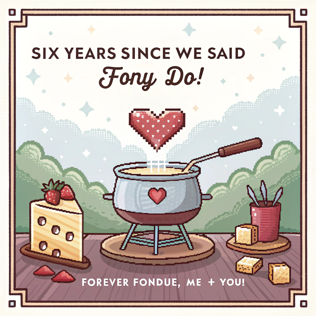 At the top of the Pixel Art Style image, "Six years since we said 'I (fon) do.'"

At the bottom of the image, "Forever fondue, me + you!"

Scene description:
- Crisp 8-bit pixel art, limited vibrant palette, chunky square pixels, no anti-aliasing, light dithering for shading.
- Centered, cozy table with a heart-shaped fondue pot bubbling golden cheese; tiny pixel steam hearts rise.
- Two fondue forks from left and right, each holding a smiling bread cube with rosy cheeks; their gooey cheese strand curves into the shape of a big “6” above the pot.
- Warm candle beneath the pot flickers with pixel sparkles; red-and-cream checkered tablecloth; scattered bread cubes and strawberries as cute props.
- Background: soft midnight-blue gradient with twinkly pixel fairy lights and floating heart icons for a romantic, nostalgic game vibe.
- Text styling: bold 8-bit font; top and bottom lines in cream with cherry-red pixel outline for high contrast; keep all other areas text-free.
Generated with these themes: Fondue, and .
Made with ❤️ by AI.