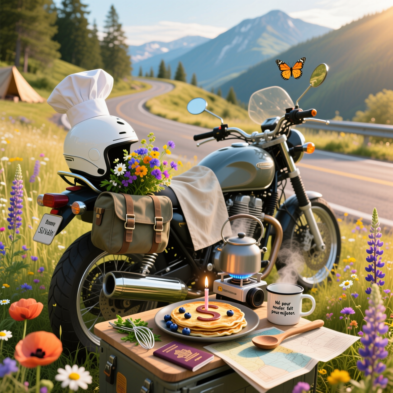 At the top of the Photorealistic picture taken from a camera image, Bonne fête Sylvain!

Ultra-high-definition 4K UHD, photorealistic, accurate lighting, lifelike textures, rich depth of field. Funny mood, true-to-life outdoor scene: A travel-ready touring motorcycle pulled over in a sunlit wildflower meadow beside a winding mountain road. Golden-hour sunlight glints off chrome while a soft breeze ripples tall grass and colorful blossoms (poppies, daisies, lupines). The bike’s side pannier flips down as a makeshift camp kitchen: a compact camping stove sizzles a pancake shaped like a big “S,” dotted with edible flowers and blueberries; a tiny birthday candle flickers in the pancake. A chef’s apron is draped over the seat; a white chef’s hat perches playfully on the helmet. A small cutting board sits on the pannier lid with chopped herbs, a whisk, wooden spoon, and a travel-worn paper map half-unrolled, plus a stamped passport peeking from a tank bag. A bouquet of fresh wildflowers is bungeed to the handlebar. A steaming enamel kettle and enamel mug catch the light, with the mug bearing a small, cheeky caption: “Né pour rouler, fait pour mijoter.” The background falls into creamy bokeh: winding asphalt, pine trees, distant blue mountains, a few butterflies catching the light. Natural color palette, crisp details on the foreground cooking setup and motorcycle, soft background separation.

Camera specs and look: full-frame DSLR style, 35mm lens, f/2.8, ISO 100, 1/500s, shallow depth of field, soft-lens flare accent, clean composition. No logos or extra text; only the overlayed “Bonne fête Sylvain!” at the top and the mug’s small caption.
Generated with these themes: Cooking, travelling, motorcycle, flowers, nature, , and .
Made with ❤️ by AI.