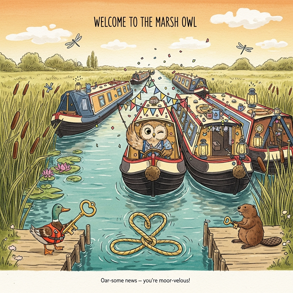 At the top of the Illustration Style image, "Welcome to the Marsh Owl"

Whimsical hand-drawn illustration of a marshland canal at golden hour: slender narrow boats moored along reed-fringed banks, cattails and lily pads, dragonflies skimming the warm teal water. Center stage, a cheerful narrow boat with an owl figure as the jaunty skipper at the tiller, winking; bunting strung from bow to stern, confetti drifting over the scene. Two neighboring narrow boats lean in like excited friends, their decks dotted with celebratory lanterns and tea mugs. A duck in a tiny life jacket proudly presents an oversized golden key on the towpath while a beaver ties an absurdly fancy mooring knot shaped like a heart. Gentle ripples reflect painterly shapes; distant willows and soft marsh grasses frame the scene.

Style: hand-drawn illustration with fine linework and textured brush strokes, watercolor-and-gouache feel, slight paper grain, balanced composition with open sky for the header. Warm, expressive color palette: honeyed sunlight, mossy greens, terracotta reds, creamy highlights, soft shadow violets. Playful, cheeky, feel-good humor; lively yet uncluttered.

At the bottom of the image, in small hand-lettered text: "Oar-some news — you’re moor-velous!"

No other text in the scene.
Generated with these themes: Narrow boats, and .
Made with ❤️ by AI.