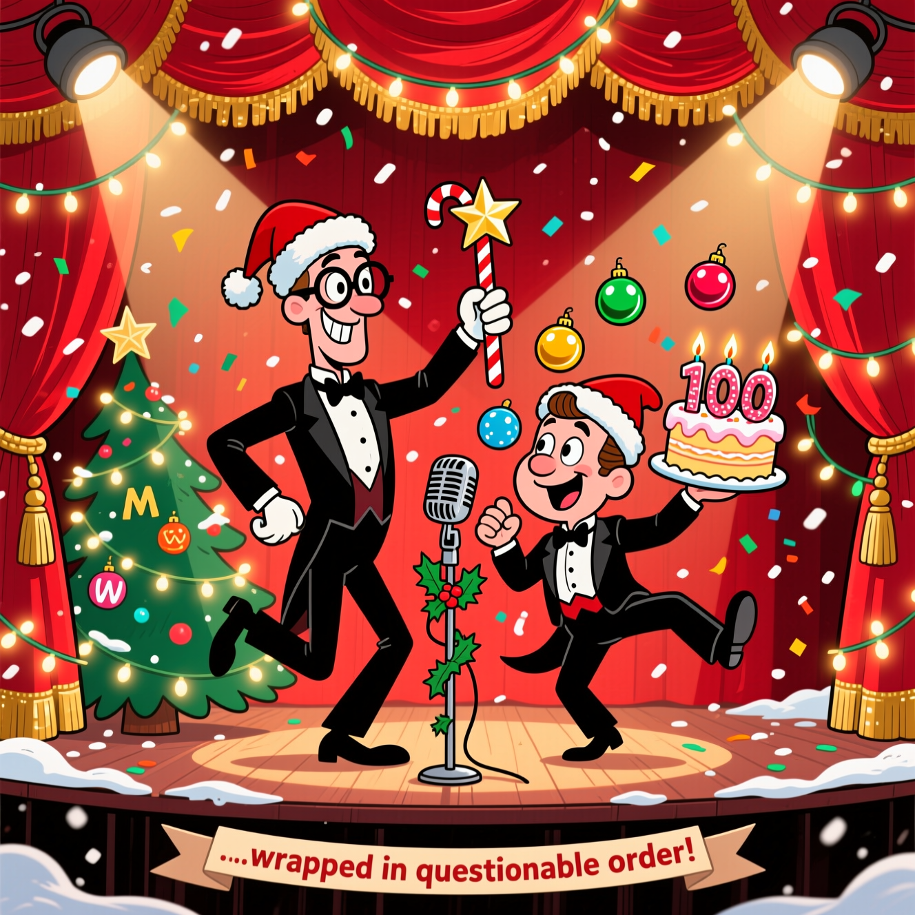 At the top of the Cartoon Style image, all the right thoughts ...

Grand theatre stage with sumptuous red velvet curtains parted wide and trimmed with gold tassels, warm footlights and a glowing spotlight; playful Cartoon Style with exaggerated proportions, thick black outlines, and bright saturated reds, greens, and golds; a loving, funny homage to Morecambe & Wise as two cartoon characters center-stage: one tall and lanky with round black glasses and a cheeky grin, the other shorter and dapper with a neat side-part and bemused smile; both in festive tuxedos with Santa hats, mid high-kick in an energetic end-of-show dance, tangled in twinkling fairy lights; snow-like confetti drifts; a sparkling Christmas tree leans comically as the tall one tries to place the star using a candy-cane cane and it lands on his glasses; the shorter one juggles shiny baubles while balancing a birthday cake shaped as the number 100 with sparkling candles; subtle M and W shapes hidden in ornaments and light strands; a vintage microphone wrapped in holly; big, expressive faces, bold shadows, dynamic motion lines, glossy highlights; funny, warm, celebratory Christmas mood; at the bottom in a small ribbon banner, include the single line: …wrapped in questionable order!
Generated with these themes: Morecambe & Wise Theatre Red Curtains 100th birthday M W, and .
Made with ❤️ by AI.