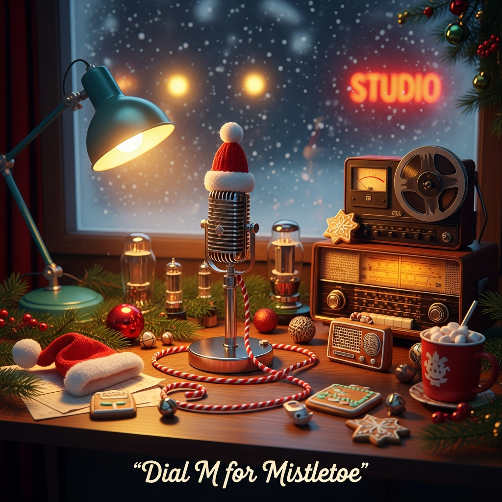 At the top of the Photorealistic picture taken from a camera image, Merry Christmas to the legacy Olde Time Radio Club

Ultra‑high‑definition 4K UHD, lifelike photograph of a cozy 1950s radio broadcast studio dressed for Christmas in a cute, warm, nostalgic mood. Eye‑level composition, shallow depth of field. Center frame: a gleaming chrome ribbon microphone on a heavy desk stand, topped with a tiny knitted Santa hat; a candy‑cane striped microphone cable loops across a mid‑century wood desk. Warm tungsten light from a vintage desk lamp and the amber glow of vacuum tubes illuminate pine garlands, tinsel, shiny ornaments, jingle bells, and gingerbread cookies shaped like little microphones and radios. A bakelite tabletop radio with an amber dial sits nearby; vintage VU meters and a reel‑to‑reel deck add authentic 1950s radio‑show character. In the background, a frosted studio window reveals gentle snowfall and soft golden streetlight bokeh; a red studio sign glows subtly behind the glass. Textures are tactile and true‑to‑life: polished chrome, bakelite, aged paper, felt Santa hat, pine needles, and ceramic mug of cocoa with marshmallows.

Accurate, realistic lighting with soft shadows, mild lens bloom, and a hint of dust motes in the light beam; rich, layered depth with creamy bokeh. Color palette: cozy reds, greens, and golds with warm wood tones and a touch of teal—nostalgic mid‑century feel while remaining true‑to‑life.

Camera notes: full‑frame look, 50mm lens, f/2.0, ISO 400, 1/125s; crisp focus on the mic and radio, natural falloff to the background, high micro‑contrast and lifelike textures.

Add a small, cheeky caption at the bottom center in retro hand‑lettered 1950s script, off‑white with a soft drop shadow: Dial M for Mistletoe
Generated with these themes: Retro 1950s radio shows, and .
Made with ❤️ by AI.