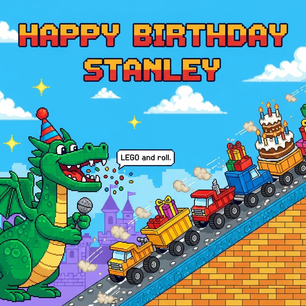At the top of the Pixel Art Style image, display "Happy Birthday Stanley" in a huge, chunky 8-bit font, centered, bold black outline with a bright red–yellow drop shadow, sitting over a clear sky for maximum readability.

Crisp 8-bit pixel art scene with a vibrant, limited palette and chunky square pixels: In the center, a cheerful emerald-green dragon built from LEGO-style bricks, wearing a pixel party hat, grins wide and puff-breaths harmless pixel confetti. Diagonally across the scene, a parade of blocky dump trucks and monster trucks rumbles along a studded toy-brick road, hauling colorful 2x4 bricks, gift boxes, and a towering brick birthday cake with flickering pixel-candle flames. The dragon mischievously clutches a 2x2 brick like a microphone, as if announcing the convoy. Tiny motion lines and dust-pixel puffs add comedic energy. Background shows a bright cyan sky with a few square clouds, distant brick-built castle turrets, and sparkly star pixels—keep the upper sky area clean behind the headline. Add one small speech bubble near the dragon’s mouth with the single line: “LEGO and roll!”

Style notes: crisp NES-era vibe, limited 12–16 color palette (emerald, lime, cherry red, sunshine yellow, sky blue, royal blue, orange, lavender shadows, white highlights, deep navy/black outlines), hard edges, no anti-aliasing, subtle dithered shading, bold outlines, playful and funny birthday mood.
Generated with these themes: Dragons, Lego, trucks, and .
Made with ❤️ by AI.