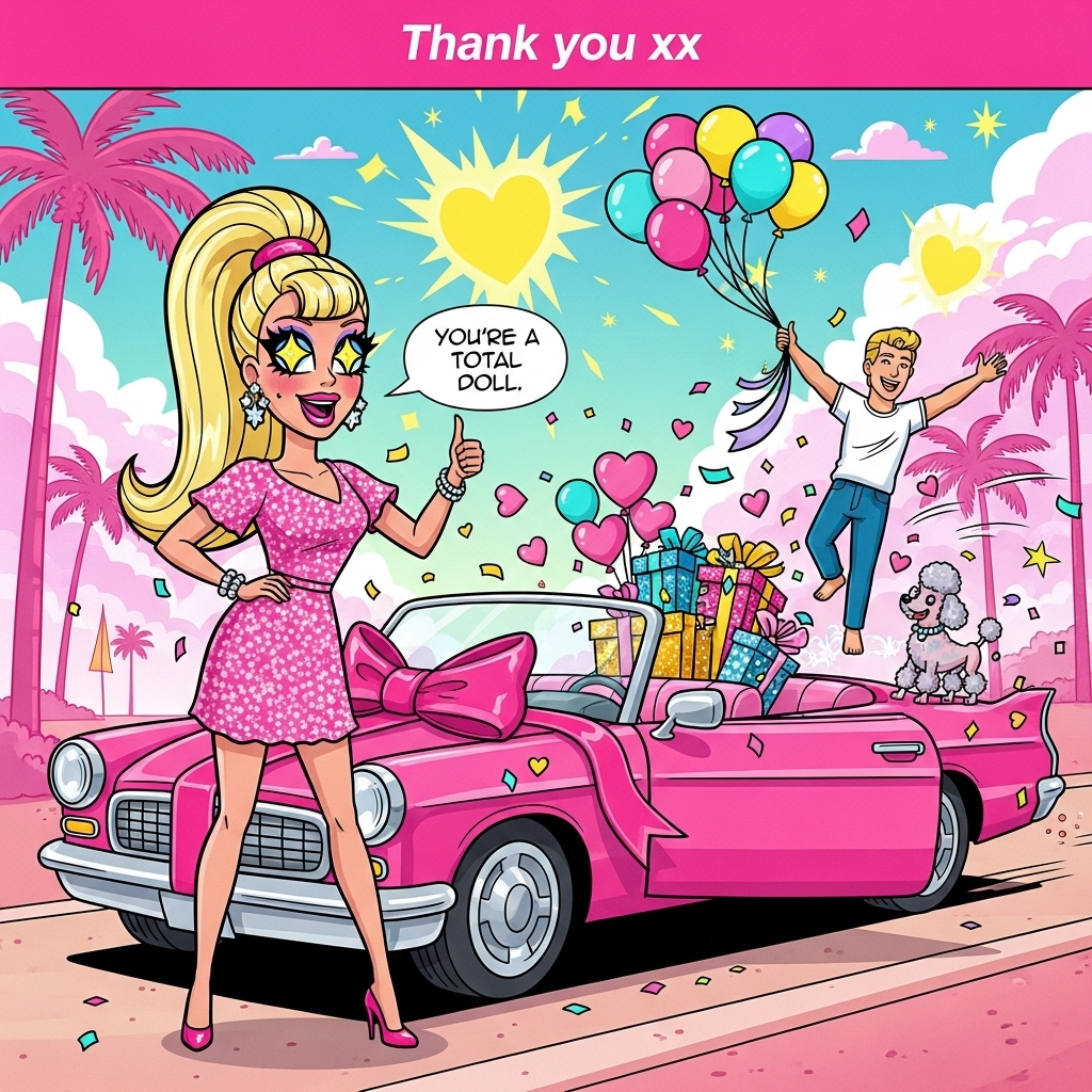 At the top of the Cartoon Style image, Thank you xx

A hilarious, glam, Barbie-pink world bursting with energy: a fashion-doll heroine with exaggerated proportions, huge sparkling eyes, and a mile-high blonde ponytail strikes a dramatic thumbs-up pose beside a bubblegum-pink convertible tied with an enormous bow. The backseat overflows with glittery gift boxes and heart balloons, confetti whirls around, and a beaming Ken-like sidekick clings to a ribbon of balloons in mid-swoop. A tiny rhinestone-collared poodle balances on the car door with a wink. Malibu boardwalk vibes: candy-colored sky, sunshine glints shaped like hearts, swaying palms, starbursts and motion lines for comedic chaos. Cartoon Style: thick black outlines, bright saturated palette (hot pink, aqua, lemon, lavender), glossy highlights, playful drop shadows, full-bleed composition focused on the characters.

Add a small speech bubble near the heroine that reads: "You're a total doll!"
No other text in the scene besides the top line and this speech bubble.
Generated with these themes: BARBIE Barbi Barbi, and .
Made with ❤️ by AI.