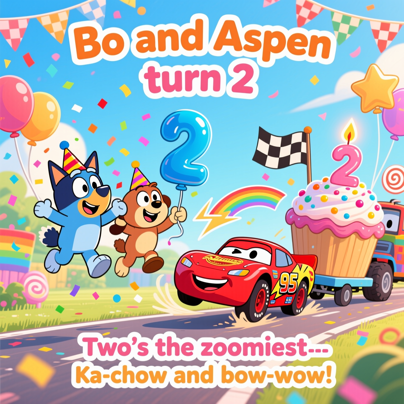 Bluey, Bingo, Lightening McQueen, Mater, and Birthday Card