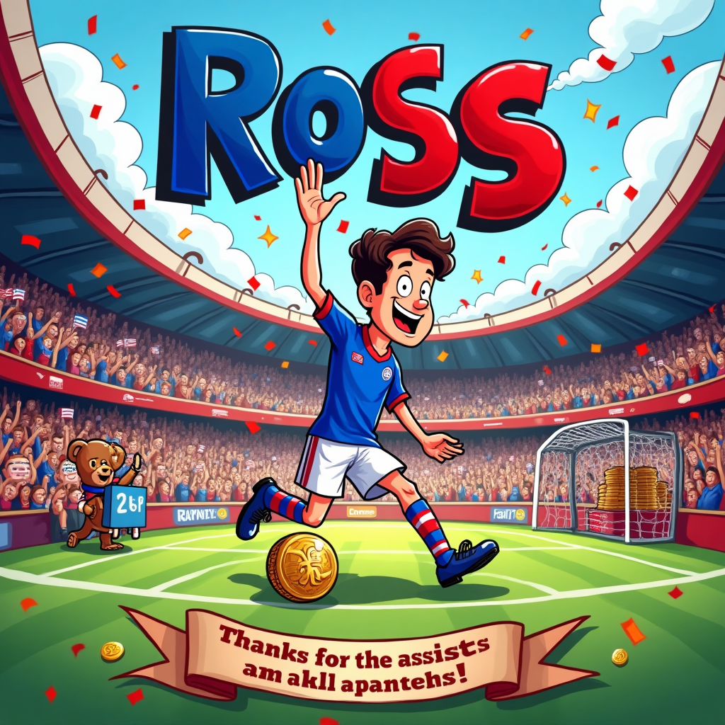 At the top of the Cartoon Style image, “Ross” in huge chunky bubble letters filled with bold red, white, and blue stripes, glossy shine, and thick black outline.

Playful, high-energy cartoon football scene in a vibrant stadium bursting with red, white, and blue confetti. Center stage: an exaggerated, big-headed, big-booted footballer in a Rangers FC–inspired kit (royal blue jersey with red and white trim, white shorts, striped socks), no official logos or crests. He’s mid-wave farewell with one hand, dribbling a football that gleams like a giant gold pound coin, and clutching a comically oversized calculator like a substitution board in the other. The pitch lines morph into cheeky spreadsheet grids; training cones are stacks of coins; the goal net subtly resembles an upward-trending bar chart. In the stands, a bouncy cartoon crowd in red-white-blue scarves and a friendly teddy-bear mascot with a blue scarf cheer wildly, waving generic star-pattern flags (no branding). Thick outlines, bright saturated colors, dynamic motion lines, and a sunny, celebratory stadium glow. At the bottom, a small ribbon banner reads: “Thanks for the assists and the assets!”
Generated with these themes: Rangers FC, Football, Red, White, Blue, Finance, and .
Made with ❤️ by AI.