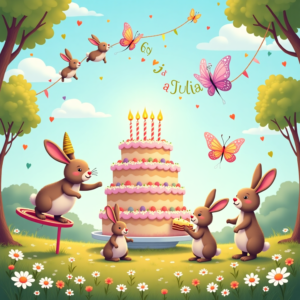 Butterflies, Bunnies, Cake, Write "5º aniversário da Julia", and Frame the card, so I have enough space to write a custom message, or make some space at the end of the card so I can write. Birthday Card
