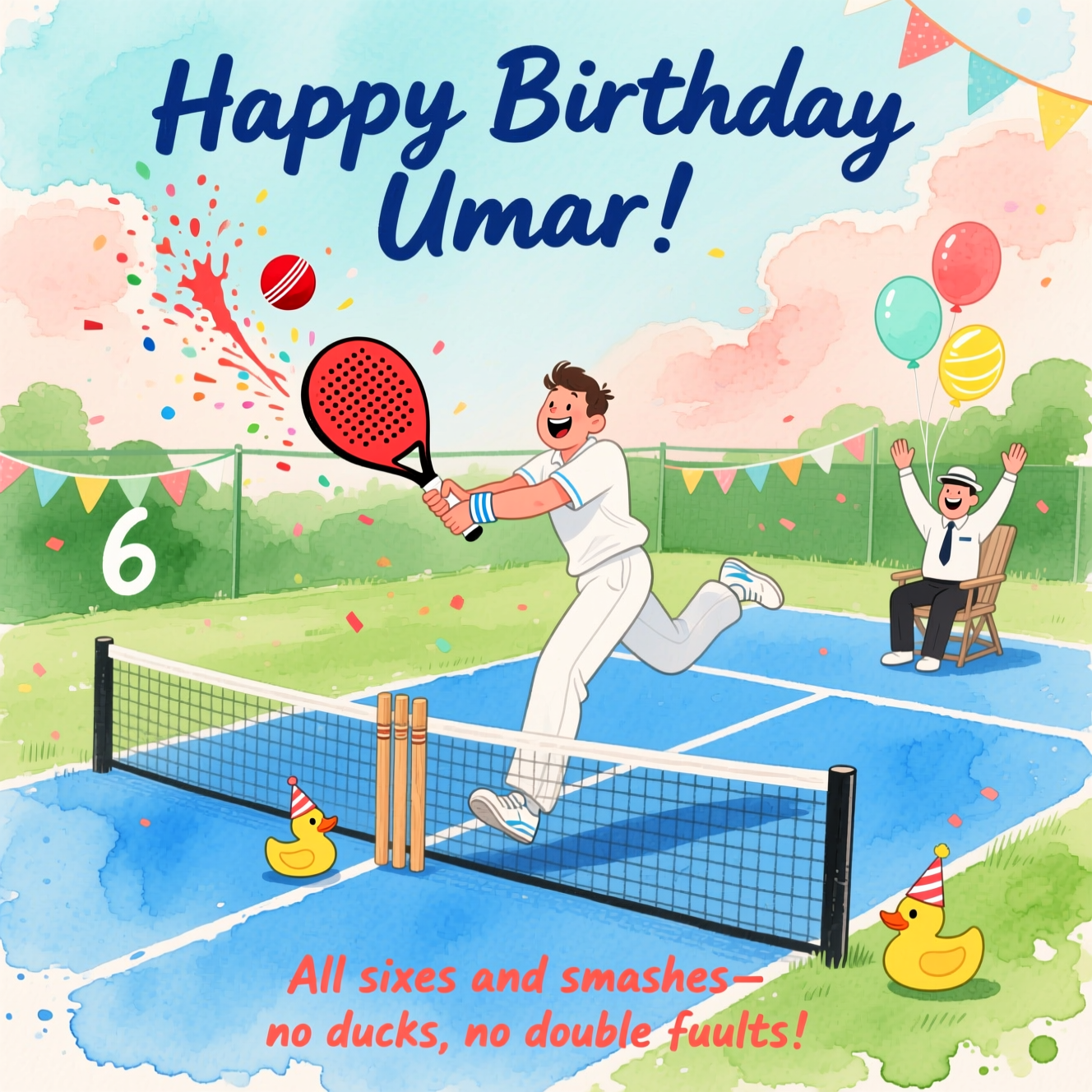 At the top of the Watercolor Style image, "Happy Birthday Umair"

At the bottom of the Watercolor Style image, "All sixes and smashes—no ducks, no double faults!"

In the center, paint a playful hybrid scene where a lush green cricket pitch fades into a sapphire-blue padel court through soft watercolor gradients. A jubilant player in cricket whites and a padel wristband leaps mid-air, smashing a bright red cricket ball with a padel racket over a low net strung between two cricket stumps. The ball arcs high with splashy paint trails, confetti-like droplets, and a faint watercolor “6” hinted in the motion. A tiny rubber duck in a party hat waddles off near the crease, while an umpire on a courtside chair raises both hands for six, grinning. Light party bunting and floating balloon shapes are suggested with airy washes in coral, mint, and lemon.

Style and treatment:
- Soft watercolor washes, delicate gradients, subtle pigment blooms, and natural paper textures for an airy, organic feel.
- Wet-on-wet sky wash blending from pale aquamarine to warm peach; loose, puddled edges.
- Dry-brush accents on the racket strings, ball seam, and stump grain for crisp pops.
- Hand-painted brush lettering: top headline in deep indigo with gentle pigment blooms; bottom punch-line smaller in warm coral. 
- Keep generous negative space around the text so the headline and punch-line steal the show; scene elements remain whimsical and light.
Generated with these themes: Cricket, Padel, and .
Made with ❤️ by AI.
