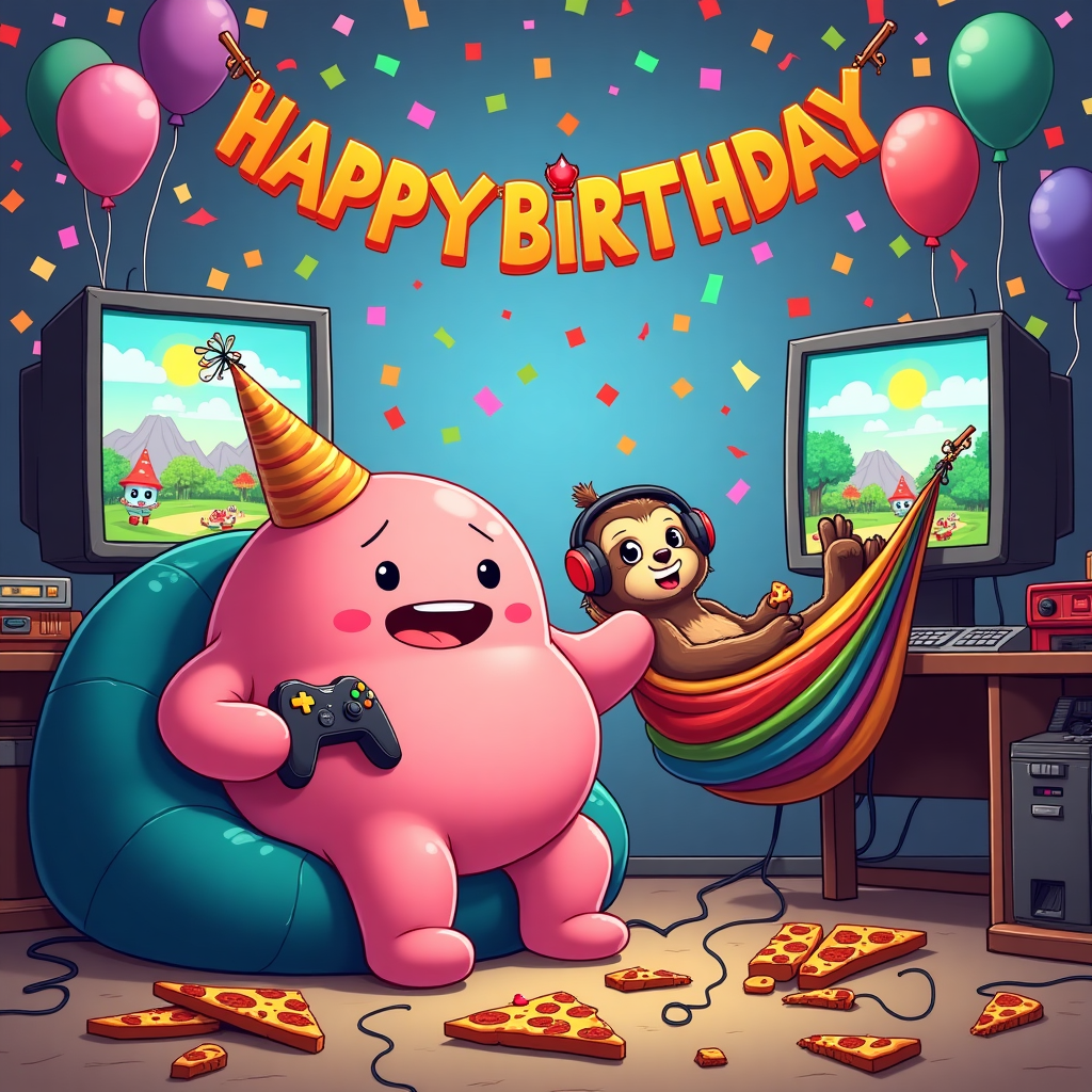 In this delightfully chaotic cartoon birthday scene, the page is bustling with vibrant colors and whimsical elements, reminiscent of a madcap celebration where anything is possible. At the center, we have Mr. Blooby, a large, round, and cheerfully pink blob of a character, who is wearing a pointy party hat that's comically small for his bulbous head. He sits on a beanbag chair, balancing a controller in one of his blobby hands, while the other is outstretched, desperately reaching for a slice of pizza that's just out of reach. Next to Mr. Blooby, lounging on an oversized, multi-colored hammock slung between two computer monitors, is a chilled-out sloth wearing gamer headphones, half-asleep, with a piece of pepperoni pizza lazily hanging from its mouth. The computer monitors on either side are displaying vibrant pixelated landscapes, depicting a wild mash-up of a jungle and a neon-lit arcade, complete with animated characters that look like a cross between jungle creatures and pixelated heroes. Pizza boxes are strewn about the floor, with a few slices haphazardly sticking out, their cheesy goodness depicted with exaggerated, gooey detail. Above the scene, balloons of various sizes float around, with a few tethered to Mr. Blooby's chair and a "Happy Birthday" banner in a garish array of colors hangs slightly askew from the ceiling. The background is a swirl of animated confetti, giving the entire scene a sense of unbridled, joyous pandemonium.
Generated with these themes: Mr blooby, Sloth, Computer game, and Pizza.
Made with ❤️ by AI.