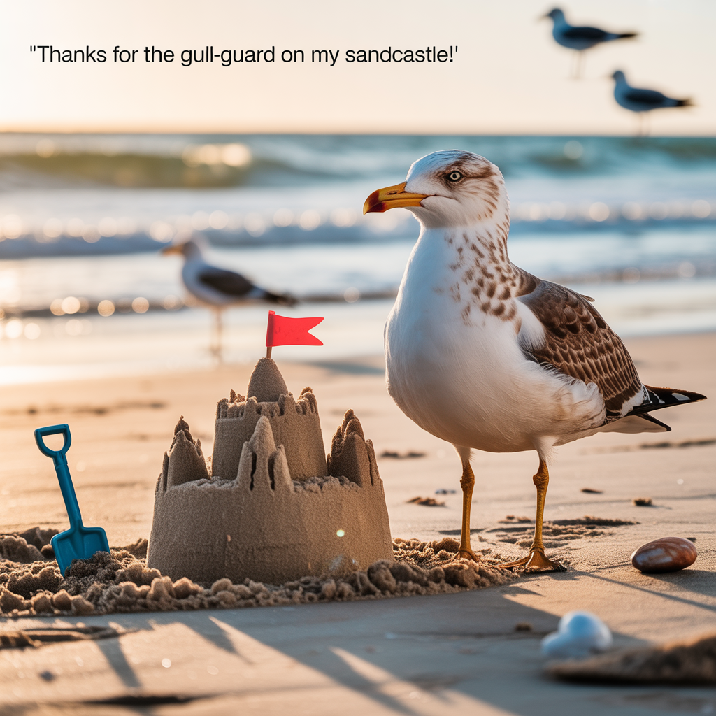 At the top of the image, add: "Thanks for the gull-guard on my sandcastle!"

Ultra-high-definition 4K UHD photograph, portrait orientation. Golden-hour beach scene with accurate natural lighting and rich depth of field. Low, eye-level camera close to the sand (50mm lens look, f/2.8, ISO 100, 1/800s). Foreground: a meticulously sculpted sandcastle with crisp edges, shell trim, and a tiny red flag; grains of damp sand sparkle in the sunlight. Right beside it, a photorealistic seagull stands proudly, head slightly tilted with a cheeky, friendly “smile,” chest puffed like a vigilant guard. The gull’s feathers show lifelike texture and soft rim light. Nearby: a small plastic shovel half-buried and a few pebbles for scale. Background: gentle waves and horizon softly blurred, a couple of distant gulls bokeh’d in the sky. Color grading is warm and natural, with realistic shadows and highlights. On-image text styling: large, bold, clean sans-serif in bright white, centered at the very top with a subtle soft shadow for legibility; no other text, no logos, no watermarks, strictly photorealistic (no CGI or illustration).
Generated with these themes: Seagull smiling sandcastle, and .
Made with ❤️ by AI.