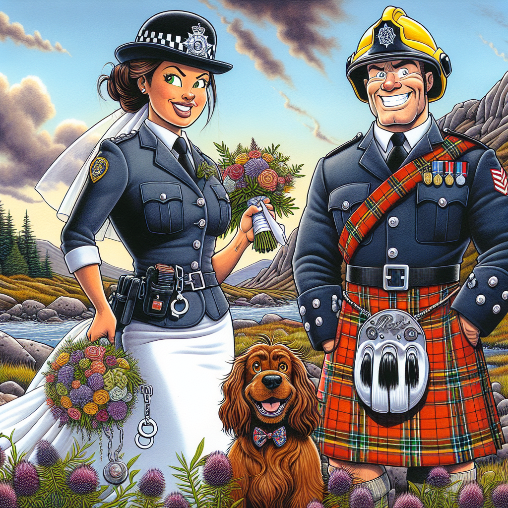 A whimsical comic-style wedding scene is taking place. The bride is a self-assured Hispanic policewoman in a fitted uniform, featuring a badge and handcuffs hanging from her belt, with a bouquet in hand. Next to her, there's her groom, a robust Scottish firefighter wearing his emblematic kilt and helmet, with a hose casually thrown over his shoulder. A lively brown cocker spaniel, sporting a tiny tartan bow tie that harmonizes with the groom's kilt, looks up at the couple with an expression full of joyful anticipation. The Scottish Highlands provide a magnificent backdrop, with the rough landscape sprinkled with brightly coloured thistles and pines, all under a sky painted with sunset colours.
Generated with these themes: Policewoman bride, Scottish firefighter groom, Brown cocker spaniel , and Scottish highlands .
Made with ❤️ by AI.