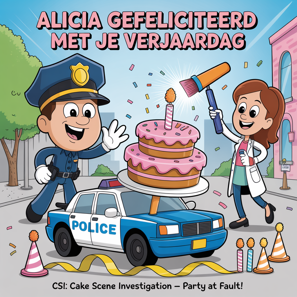 At the top of the Cartoon Style image, "Alicia gefeliciteerd met je verjaardag"

At the bottom of the image, "CSI: Cake Scene Investigation — Party at fault!"

- Center scene: A bright, sunny city corner where a toy-like blue-and-white police car has gently booped into a gigantic tiered birthday cake on wheels—zero injuries, just a goofy frosting smear on the bumper and a burst of confetti.
- A cheerful, big-headed police officer with an oversized cap and a comically large notepad poses heroically, while a bouncy forensic tech in a lab coat dusts the cake with a giant brush and a glowing UV flashlight, revealing sparkly “sprinkle prints.”
- Evidence markers shaped like numbered birthday candles dot the ground beside a toppled party hat; traffic cones wear tiny party hats; yellow party tape zigzags around the scene.
- Style: exaggerated proportions, thick black outlines, bright saturated colors (electric blue, bubblegum pink, lemon yellow, lime green), expressive faces, dynamic motion lines and star-shaped siren glares for a playful, energetic vibe.
- Text styling: top headline and bottom punch-line in bold, chunky, fun lettering with a subtle drop shadow so the words pop against the colorful chaos.
Generated with these themes: Police, Car accidents, Forensics, and .
Made with ❤️ by AI.