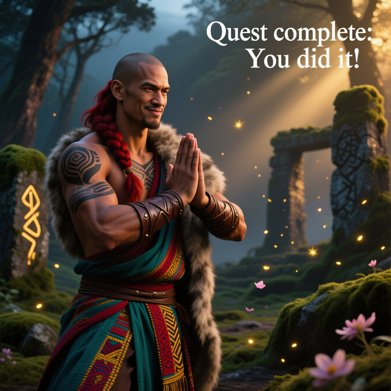 Ultra-high-definition 4K UHD photorealistic scene, captured like a real camera shot with a full-frame sensor and a 50mm lens at f/1.8. In a twilight fantasy clearing of mossy basalt ruins and faintly glowing runes, soft golden rim light and cool ambient fill create natural, accurate lighting and rich depth of field. Center-left, an adult warrior-monk with dark tanned skin and dark red (auburn) hair in a loose braid stands in a respectful martial arts fist-to-palm salute, mid-bow, wearing a soft fur mantle draped over vibrant, colorful woven garments (teal, crimson, and gold). Traditional Hawaiian/Polynesian tattoo motifs in black ink wrap the shoulder, chest, and forearms, clearly visible and finely detailed. The subject’s expression is warm and sincere—proud eyes, gentle smile—conveying heartfelt congratulations. Air filled with subtle floating firefly-like motes and a few drifting flower petals; shallow bokeh background of ancient trees and light shafts. Extreme texture fidelity: skin pores, tattoo ink, fabric weave, leather wraps, individual fur strands. Natural color grading, realistic shadows, no harsh vignette, no logos.

Small on-image caption (discreet, top-right, warm white sans-serif with a soft gold glow, minimal drop shadow): “Quest complete: You did it!”

Render with lifelike textures, accurate lighting, and true-to-life contrast; maintain a sincere mood and realistic style. No additional text.
Generated with these themes: Fantasy Settings, Furs over colorful clothing, Dark red hair, Dark tanned skin, Martial arts, Hawaiian tattoos, and .
Made with ❤️ by AI.