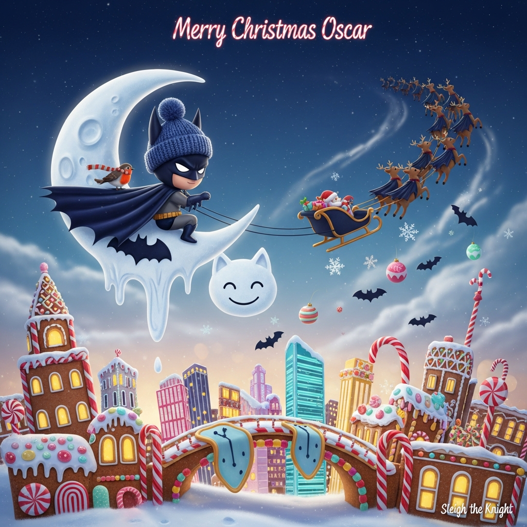 At the top of the Surreal Style image, place the text "Merry Christmas Oscar" in frosted candy-cane script, softly glowing like a tiny bat-signal halo.

Add a tiny, cheeky caption at the bottom right: "Sleigh the Knight!"

Dreamlike, Dali-inspired cute Christmas scene: an adorable chibi Batman in a knitted bat-eared beanie and plush velvet cape perches on a melting crescent moon shaped like the Bat-Signal; the moon gently drips into a fluffy snowdrift that becomes a smiling snow-bat. Below, a whimsical Gotham made of gingerbread and icing tilts and stretches like melting clocks—candy-cane skyscrapers with gumdrop windows, peppermint gargoyles, and licorice bridges that bend like clock hands. Bat-shaped snowflakes and twinkling ornaments float midair like tiny planets. A scarf-wearing robin sits on his shoulder; a team of reindeer in mini black capes swoops through the sky, pulling a sleigh that’s a cozy bat silhouette. Ethereal lighting, soft moon glow and warm golden fairy lights, delicate bokeh, and slow, swirling, powdered-sugar snow. Palette of midnight blue, indigo, lilac, icy turquoise, warm gold, candy red, and mint. Plush, icing, and frosted-glass textures; elongated shadows, floating forms, and gently melting shapes for a surreal yet irresistibly cute mood. Portrait, full-bleed composition with ample dreamy sky; high detail, soft focus, no other text or logos.
Generated with these themes: Batman, and .
Made with ❤️ by AI.