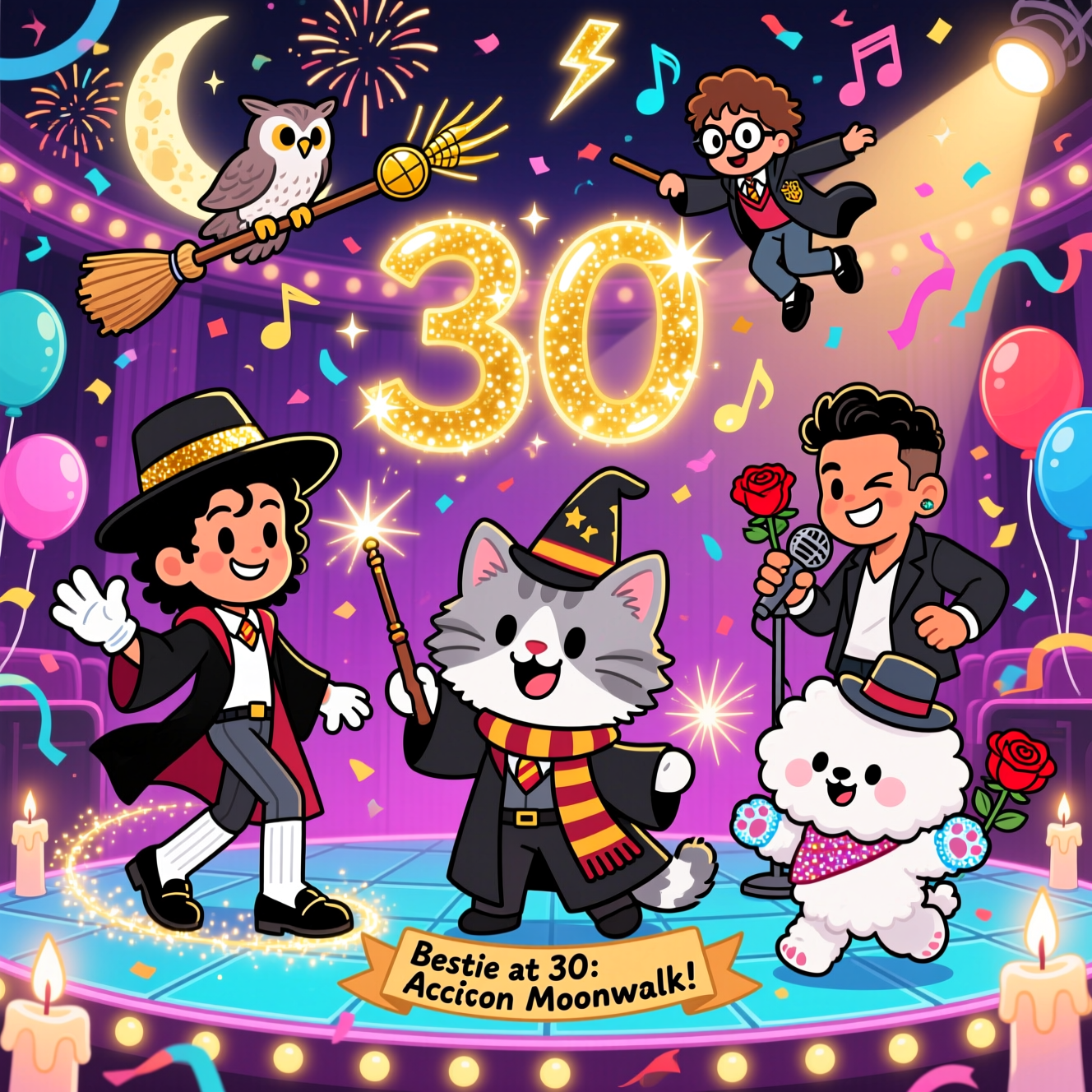Playful, cute cartoon in a bright, saturated palette with thick black outlines and chibi-style proportions. Scene: a whimsical magical-concert mashup hall with floating candles and confetti. Center: your beaming best friend in a wizard robe and scarf, wand raised, conjuring a huge glowing golden “30” of sparkling magic. Left: a stylized Michael Jackson mid-moonwalk, fedora tipped, shimmering single glove, white socks and black loafers, leaving a stardust trail. Right: a charming Enrique Iglesias with a mic and a red rose, winking under a warm spotlight. Above and behind: Harry Potter swoops by on a broom with a golden snitch and an owl, scattering musical-note and lightning-bolt fireworks. Foreground: Charlie, the ultra-fluffy grey-and-white Maine Coon with tufted ears and a tiny wizard hat and scarf, batting at the snitch; Teddy, the cloud-fluffy white Chow Chow wearing a tiny fedora and a sparkly glove on one paw, dancing on glowing stage tiles. Streamers, balloons, and shimmering stars fill the space; magenta, cyan, and gold rim-lights; glossy cel shading; dynamic, energetic poses; no logos. Portrait, full-bleed composition with crisp line art and soft depth.

Add small hand-lettered caption on a ribbon under the floating 30:
“Bestie at 30: Accio Moonwalk!”
Generated with these themes: Best friend, 30, Harry Potter , Michael Jackson, Enrique Iglesias , Grey and White Maine Coon called Charlie, White Chow Chow called Teddy, and .
Made with ❤️ by AI.